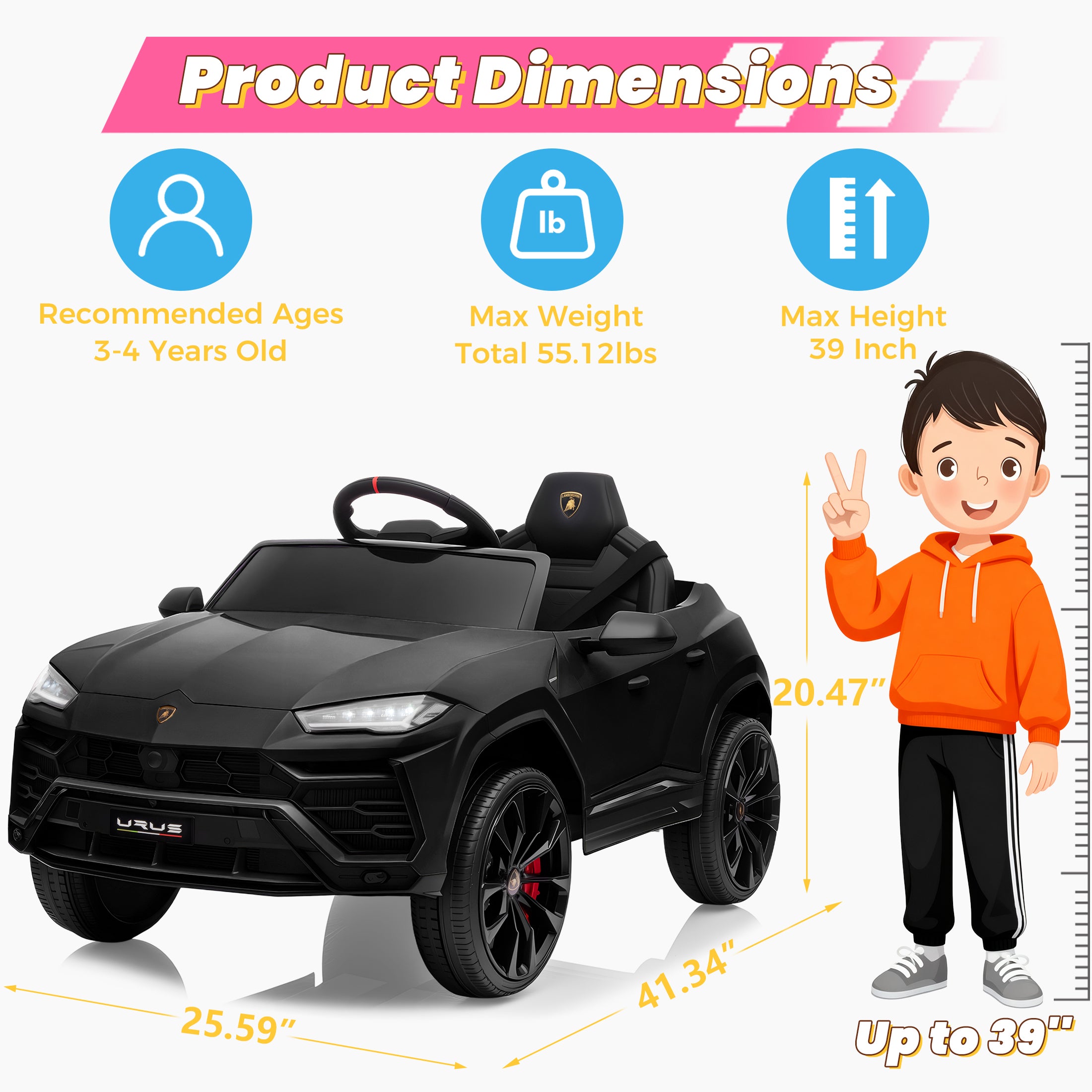 Lamborghini 12V Kids Ride On Car with Remote Control, Battery Powered Electric Car with 4 Wheels, USB, Ride On Toys for 3+ Years Olds Girls Boys, Pink