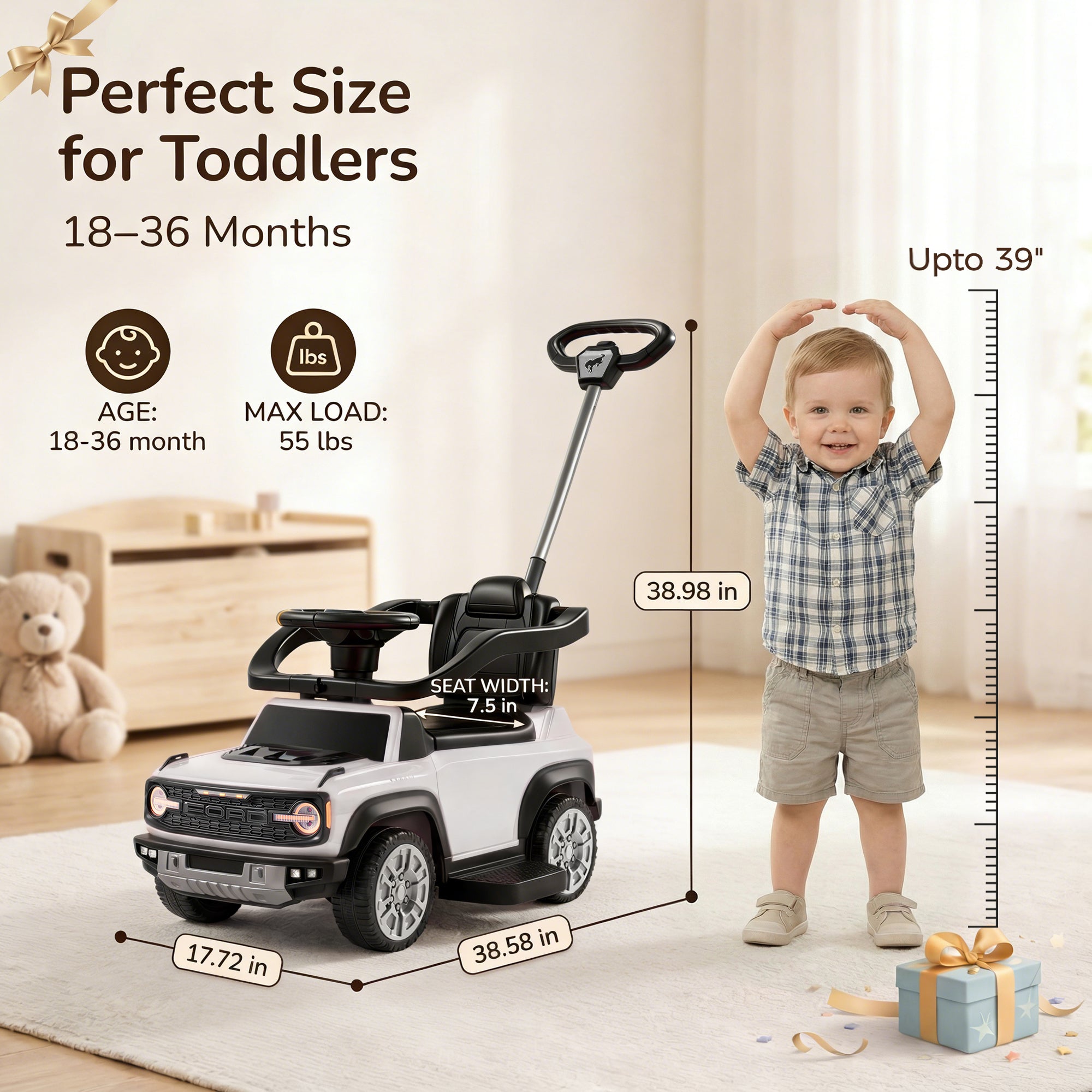 Ford Bronco 3 in 1 Push Car for Toddlers 1–3, Ride On Push Car with Parent Steering Handle, Steering Wheel, Removable Guardrail & Footrest, Music, Horn, Under Seat Storage, Silent Wheels, White