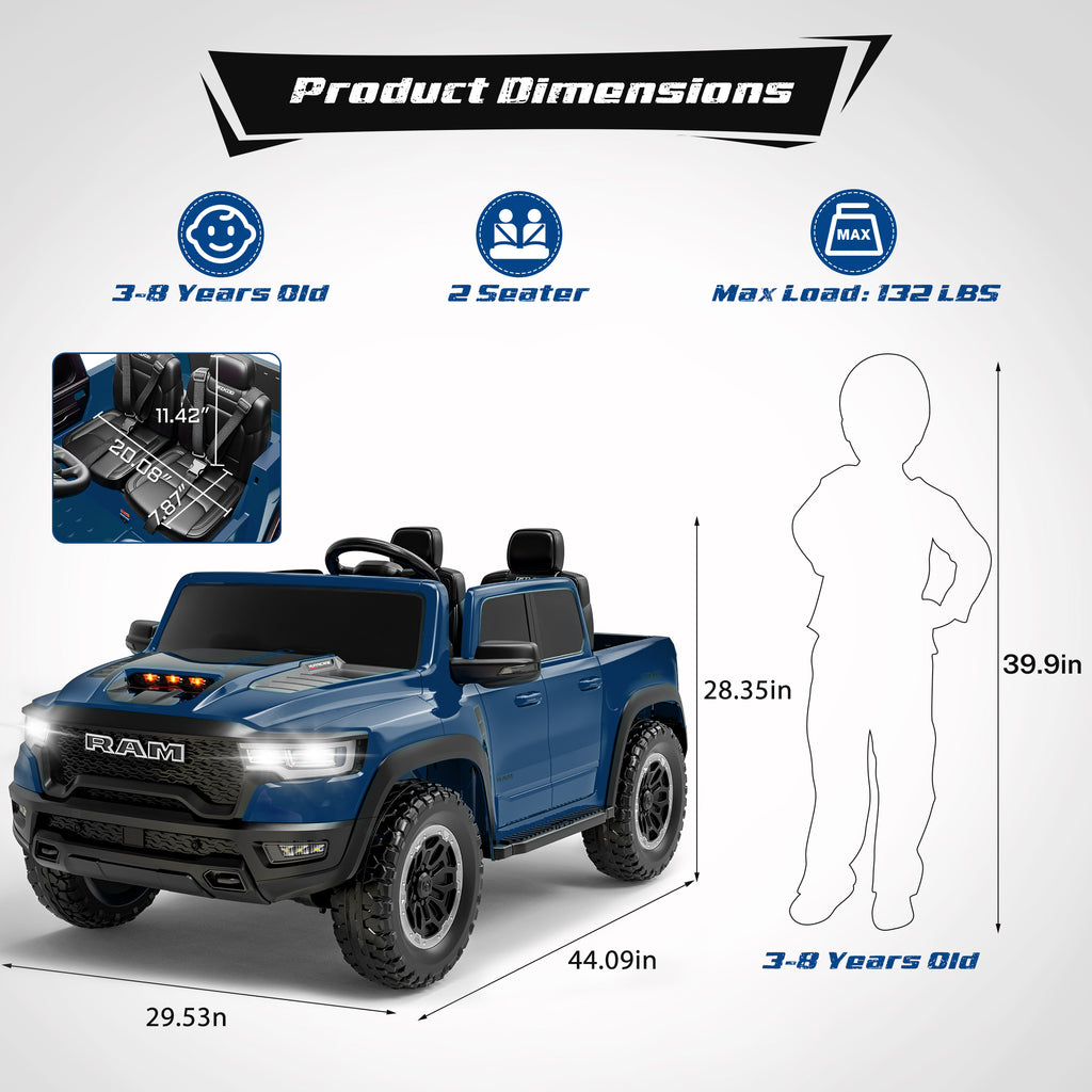 COCLUB RAM 24V Ride on Cars for Tow Kids, RAM 1500 RHO 2 Seat Battery Powered Ride on Toys with Remote Control, 4 Wheels Suspension Trunk, LED Light, MP3 Player, Electric Car for Kids Boy Girl Gift