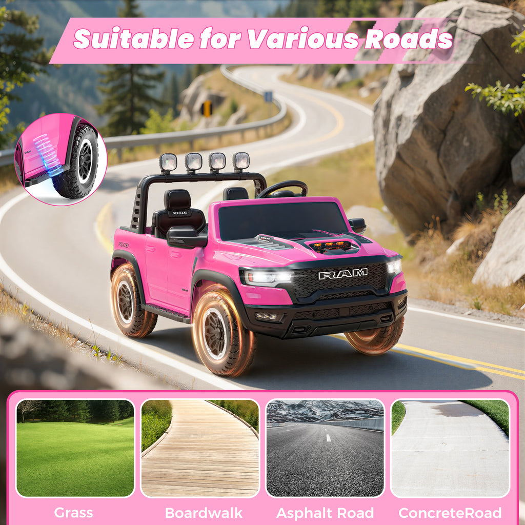 24V 2 Seats Ride On Car for Kids, Licensed RAM RHO 1500 Powered Electric Car with 4 Wheels Spring Suspesion, Ride On Toy for 3-8 Year Boys & Girls with Remote Control, Horm, Siren, LED Lights