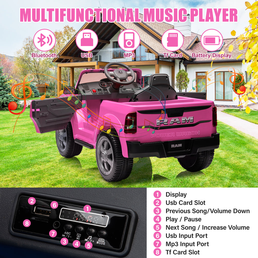Dodge RAM Ride on Car, 12V Powered Ride on Toy with Remote Control, Rear Wheel Suspension, 5 Point Safety Belt, MP3 Player, Bluetooth, LED Lights, Electric Vehicles for 3-8 Years Boys Girls, Black