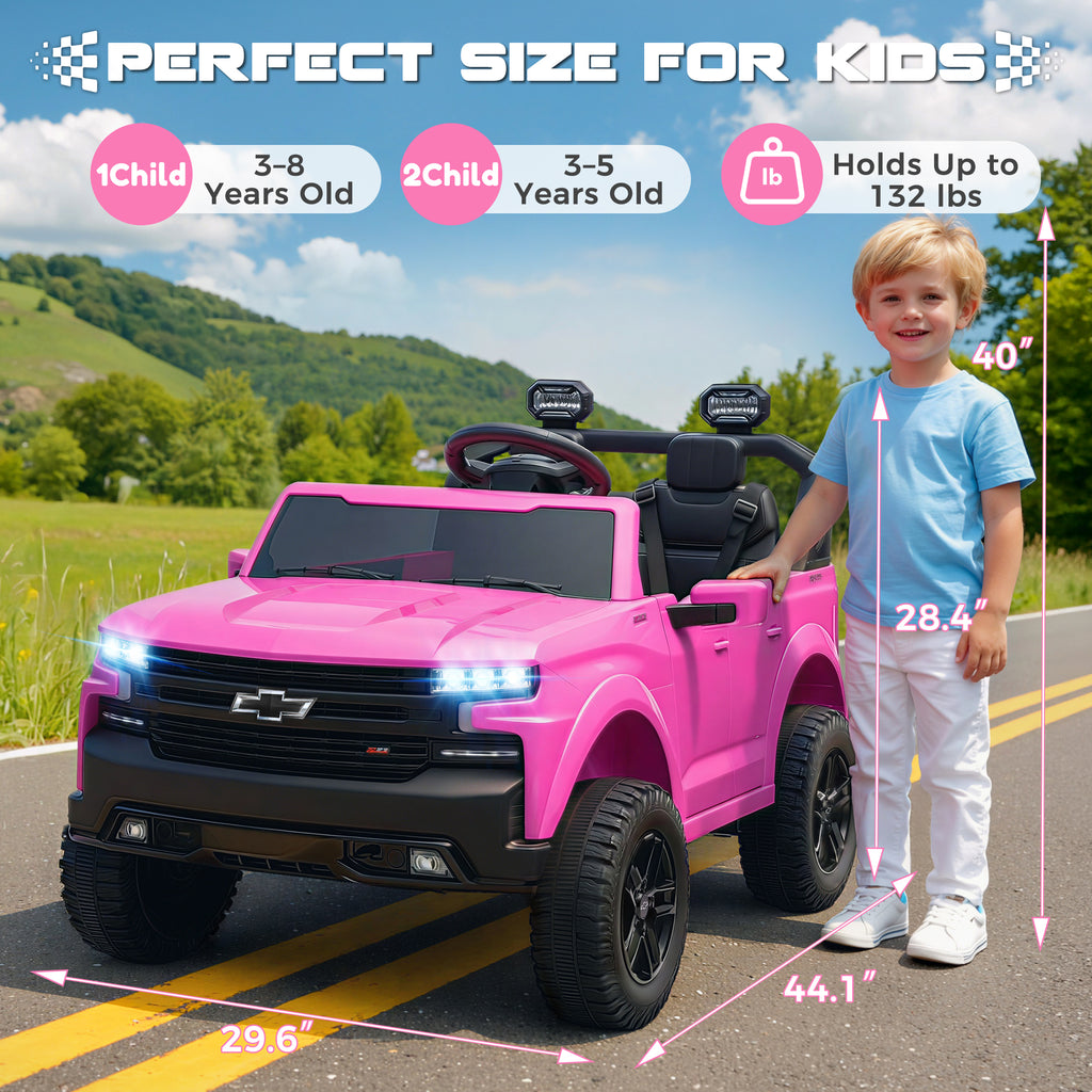 24V Ride On Car for Kids, Chevrolet Silverado 2 Seater Ride On Truck, Powered Electric Car with Remote Control, 90W Dual Motors, MP3 Bluetooth, LED, Ride On Toys for Boys Girls Ages 3–8 (Pink)