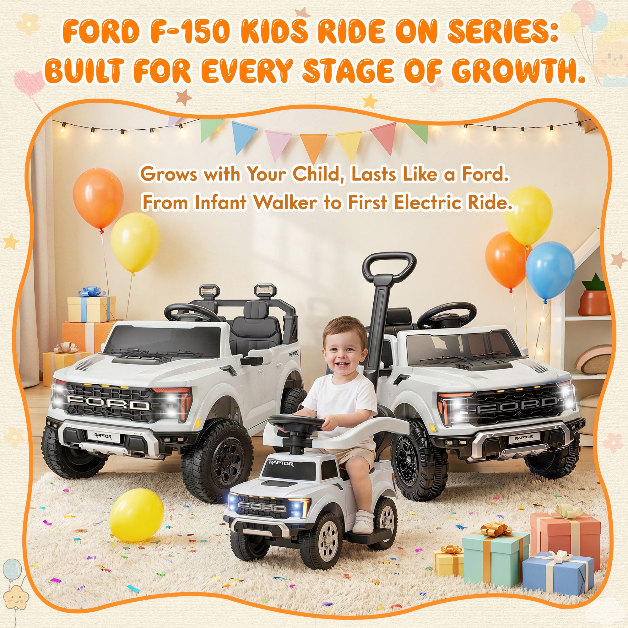 3 In 1 Push Car for Toddlers, Licensed Ford F-150 Ride On Push Car with Removable Parents Handle, Guardrails, Horn, LED Light, Kids Ride On Toy for Ages 18-36 Months, Black