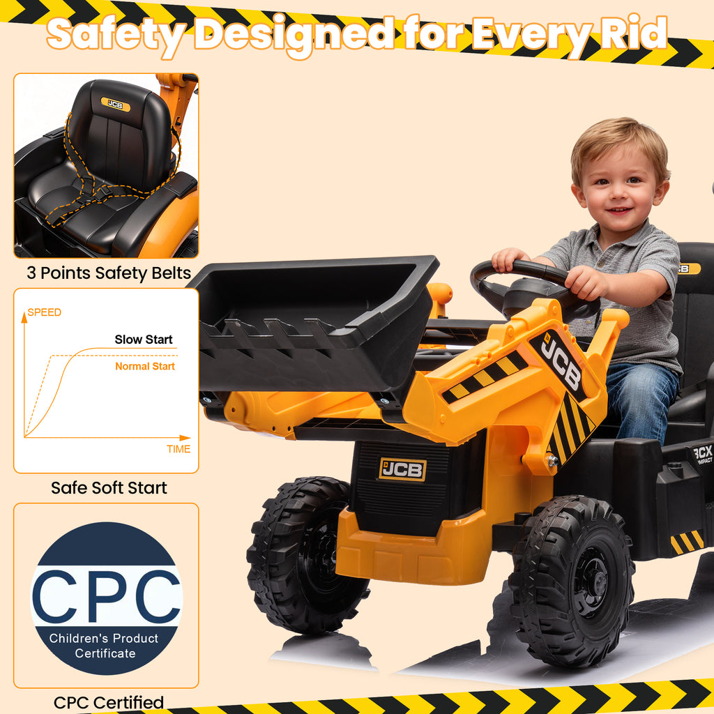 JCB 24V Ride On Excavator, 2 IN 1 Kids Electric Construction Ride on with Remote Control, Front Loader Bulldozer, Digger, Music, Ride on Toys for 3-6 Boys Girls, Yellow