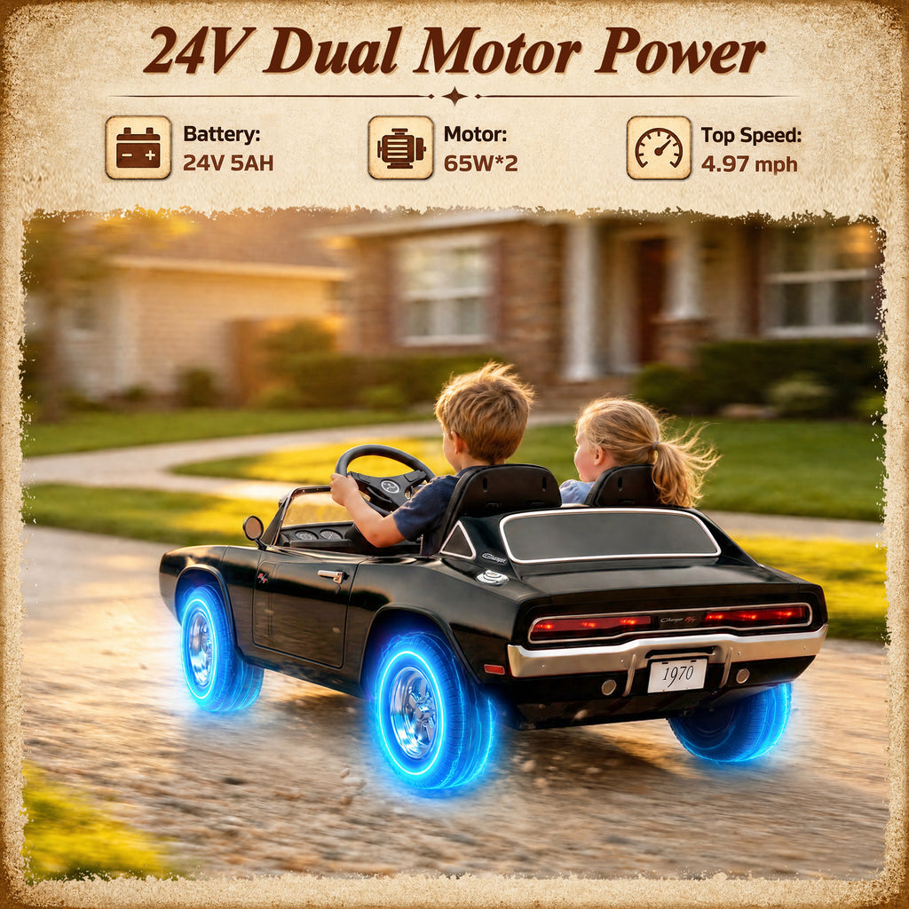 24V Ride On Car for Kids, Licensed Dodge 1970 Charger R/T Electric Car w/Parent Remote Control, Engine Spray, LED Lights, Bluetooth, MP3, 4-Wheel Spring Suspension, Ride On Toys for Ages 3+