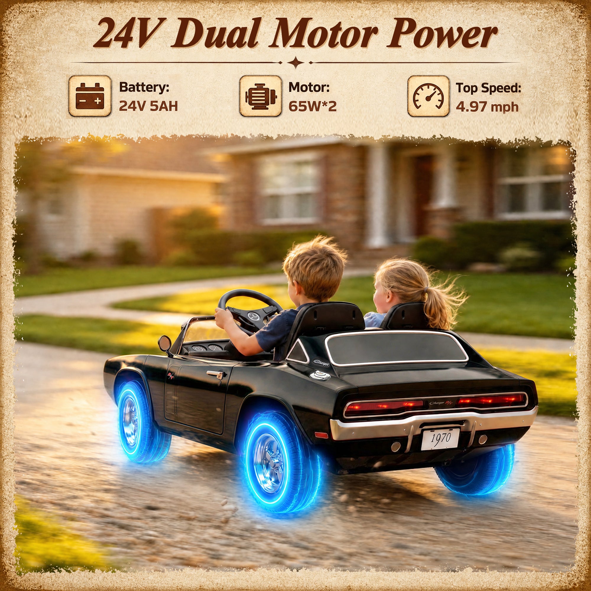 24V Ride On Car for Kids, Licensed Dodge 1970 Charger R/T Electric Car w/Parent Remote Control, Engine Spray, LED Lights, Bluetooth, MP3, 4-Wheel Spring Suspension, Ride On Toys for Ages 3+