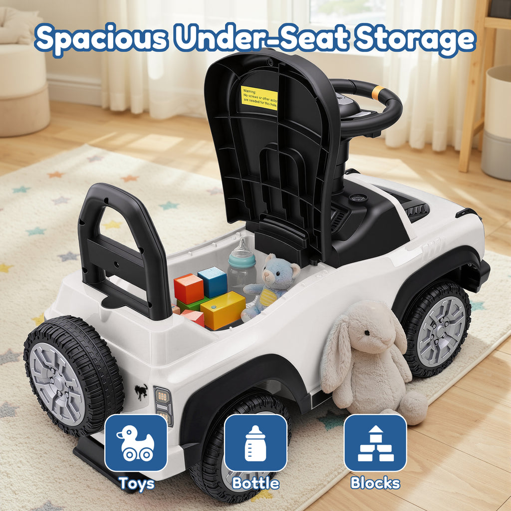 Ride On Car for Toddlers 1–3, Ford Bronco Ride On Toy with Steering Wheel, Music, Horn & Engine Sounds, Under Seat Storage, Silent Wheels, Easy Walker & Push Car for Boys & Girls, White