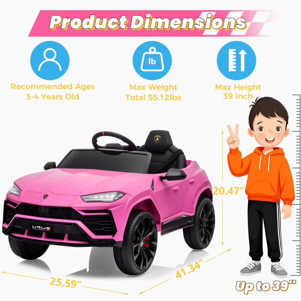 Lamborghini 12V Kids Ride On Car with Remote Control, Battery Powered Electric Car with 4 Wheels, USB, Ride On Toys for 3+ Years Olds Girls Boys, Pink