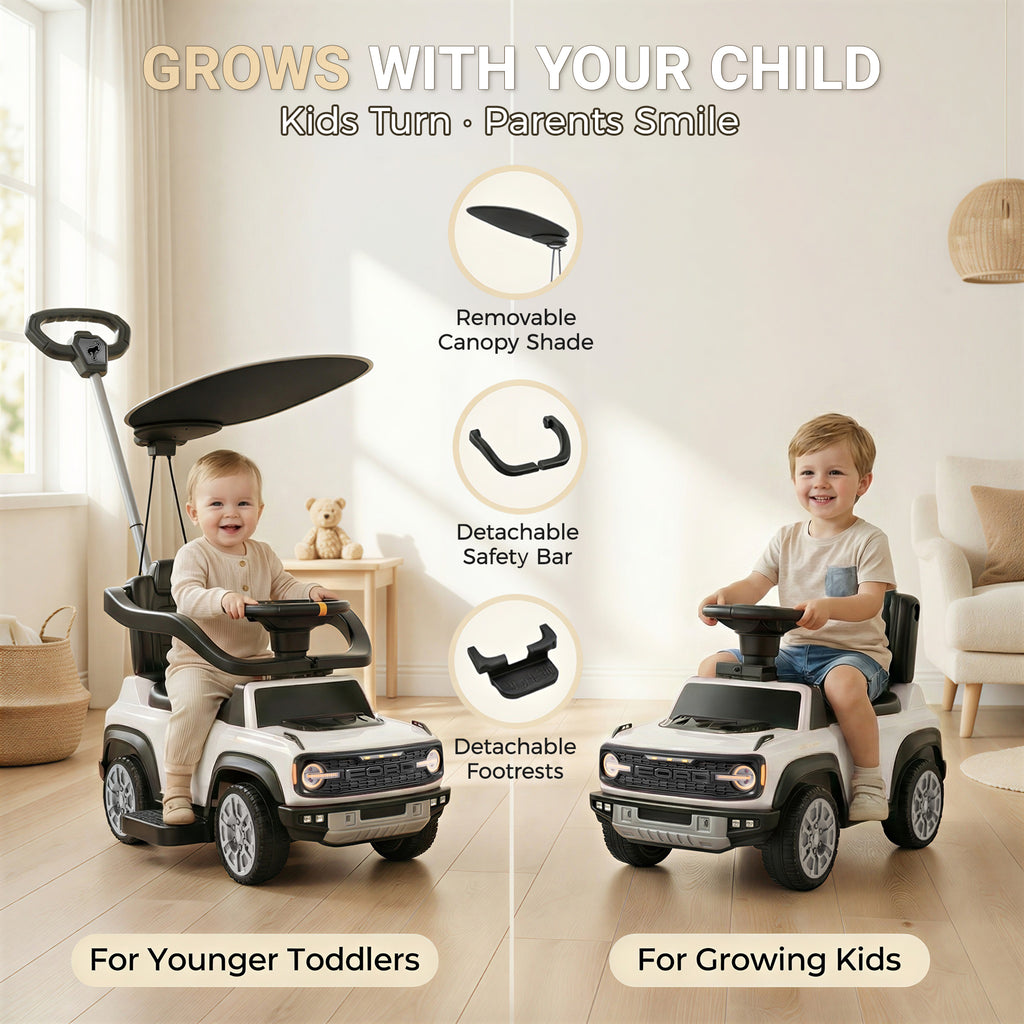 Ford Bronco 3 in 1 Push Car with Canopy for Toddlers 1–3, Ride On Push Car Toy with Adjustable Parent Steering Handle, Removable Guardrail & Footrest, Music, Horn, Under Seat Storage, Silent Wheels