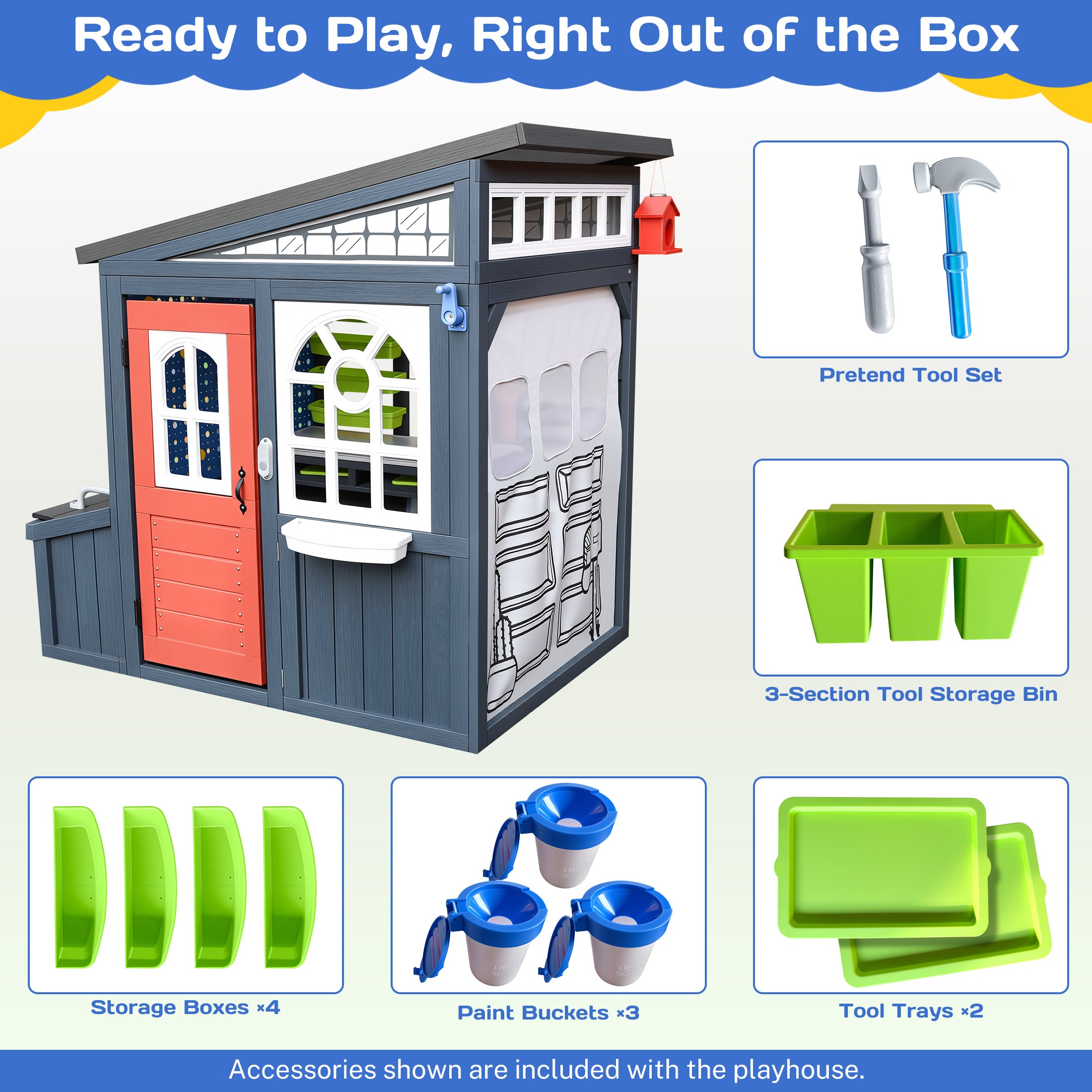 COCLUB Outdoor Tool Shed Playhouse for Kids, Wooden Play House with Workbench & Accessories, Blue and Red Toddler Play Set, Toys for Backyard
