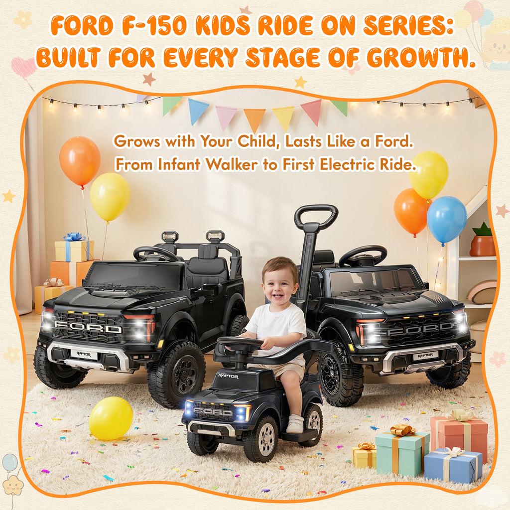 3 In 1 Push Car for Toddlers, Licensed Ford F-150 Ride On Push Car with Removable Parents Handle, Guardrails, Horn, LED Light, Kids Ride On Toy for Ages 18-36 Months, Black