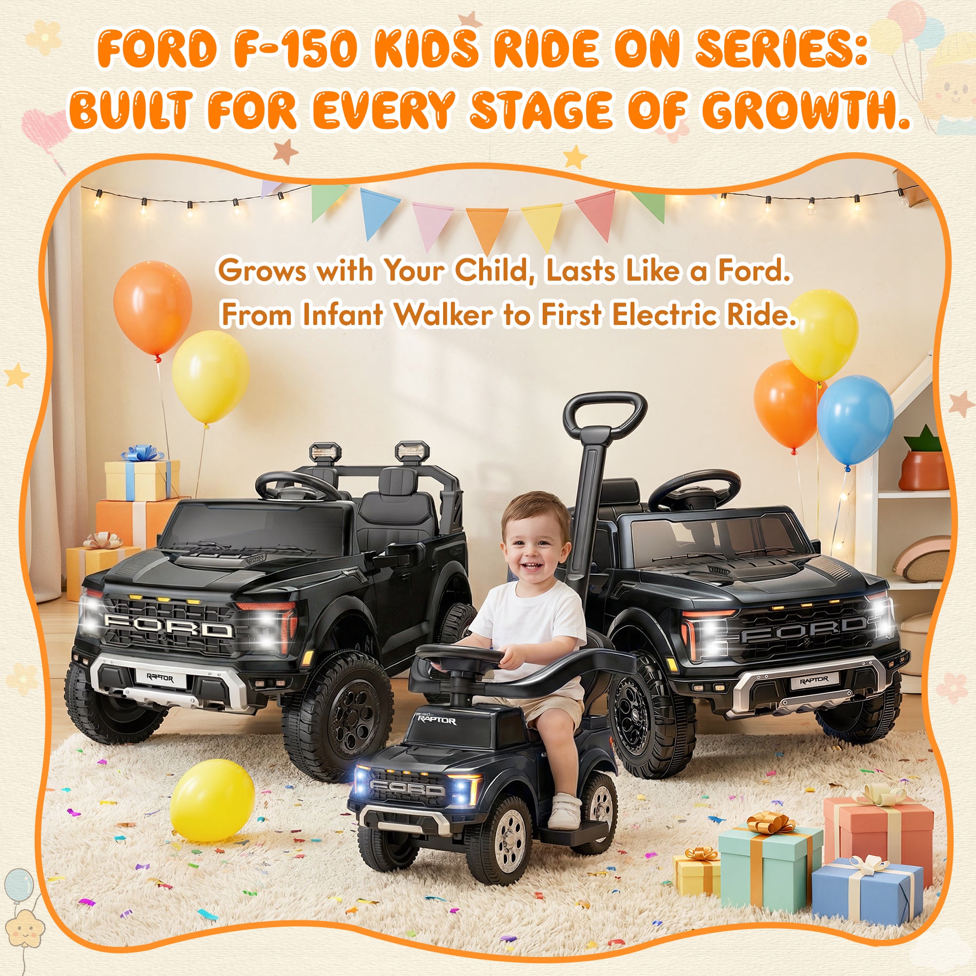 3 In 1 Push Car for Toddlers, Licensed Ford F-150 Ride On Push Car with Removable Parents Handle, Guardrails, Horn, LED Light, Kids Ride On Toy for Ages 18-36 Months, Black