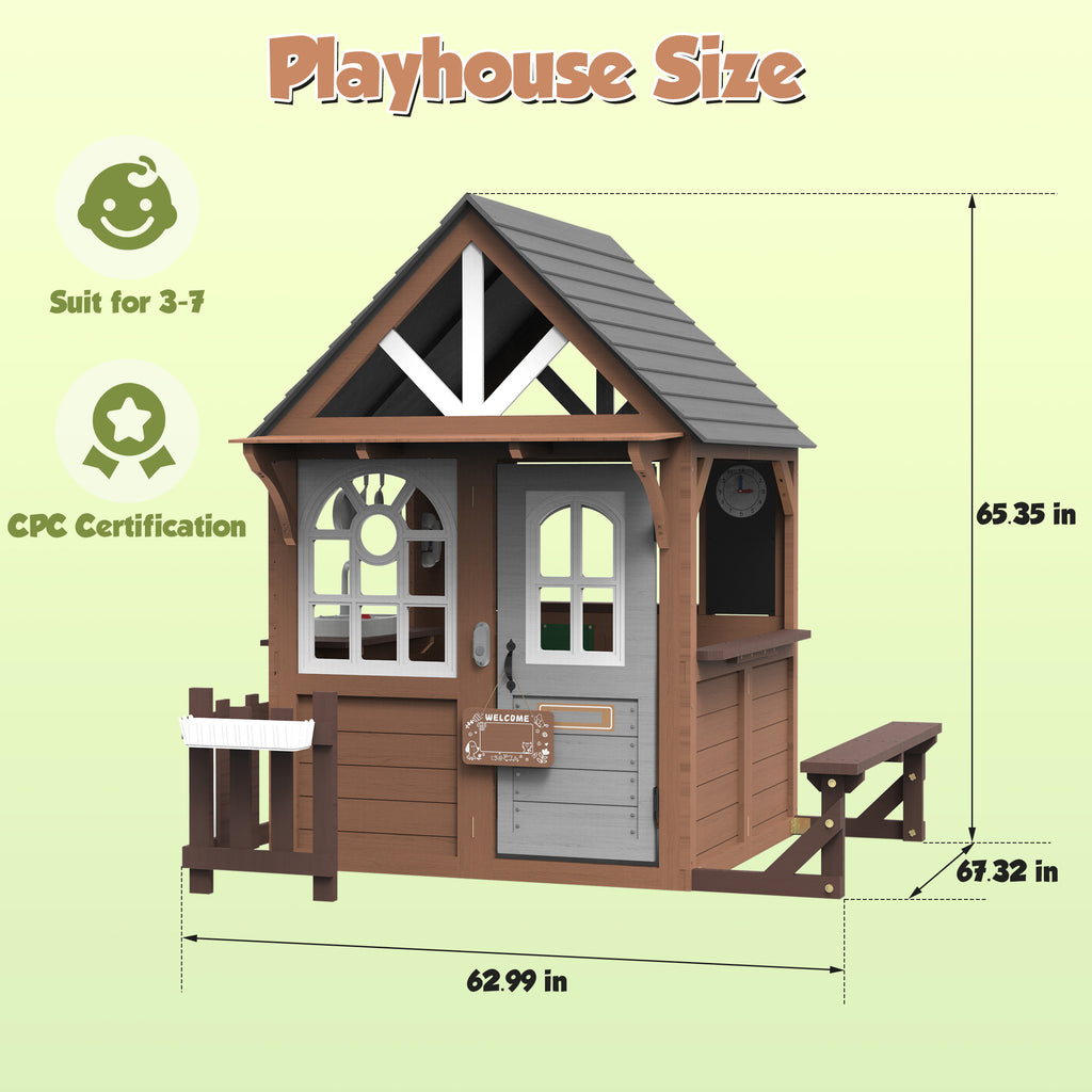 COCLUB Outdoor Playhouse, Wooden Playhouse for Kids Toddlers Outdoor with Bench/Fence/Kitchen/Door Nameplate/Pretend Phone, Girls Boys Outdoor Toy Gift for Ages 3+, 62.99"(W)* 67.32"(L) * 65.35"(H)