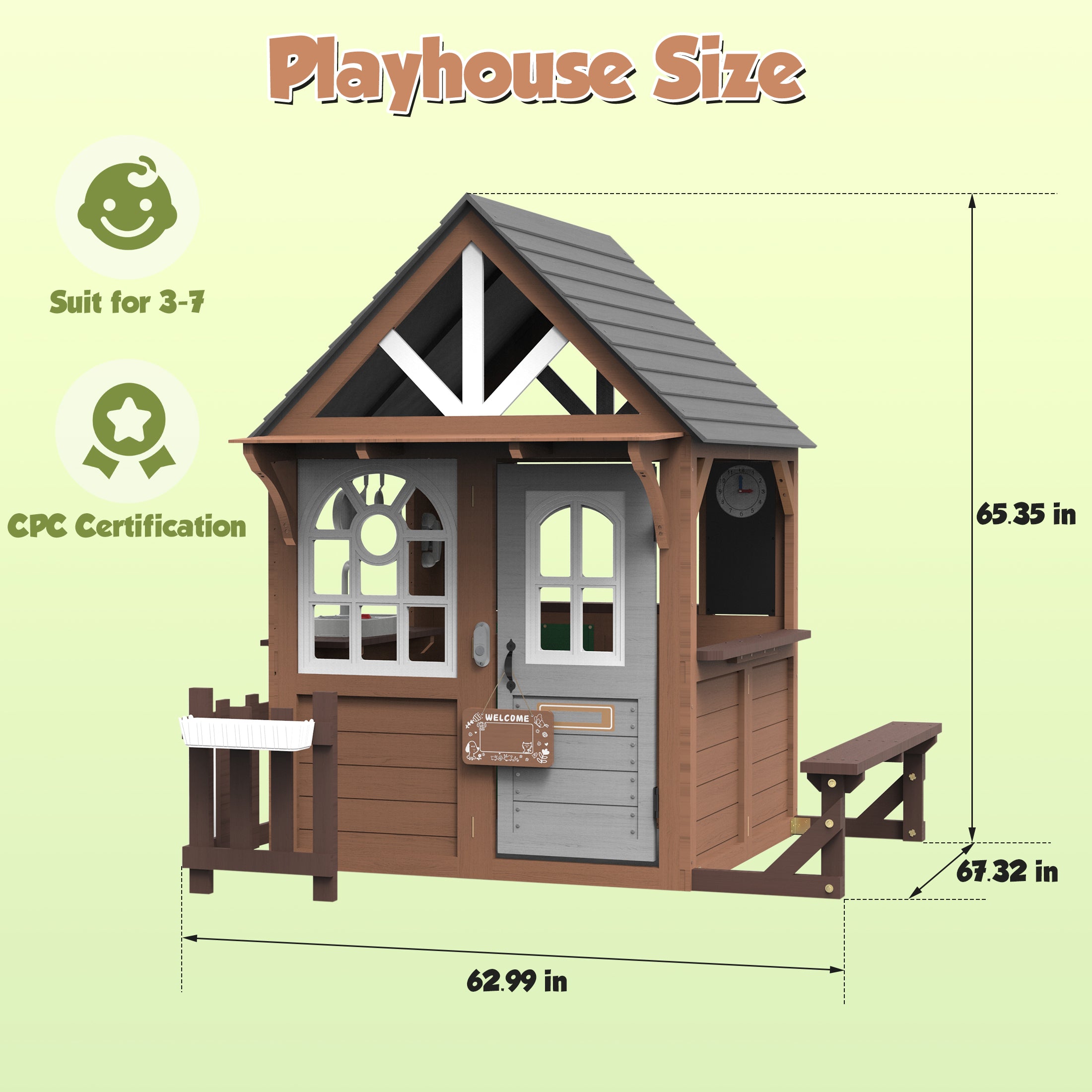 COCLUB Outdoor Playhouse, Wooden Playhouse for Kids Toddlers Outdoor with Bench/Fence/Kitchen/Door Nameplate/Pretend Phone, Girls Boys Outdoor Toy Gift for Ages 3+, 62.99"(W)* 67.32"(L) * 65.35"(H)
