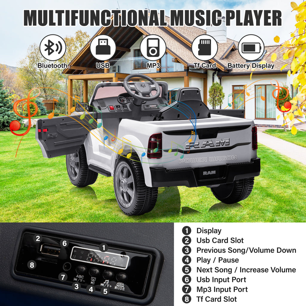 Dodge RAM Ride on Car, 12V Powered Ride on Toy with Remote Control, Rear Wheel Suspension, 5 Point Safety Belt, MP3 Player, Bluetooth, LED Lights, Electric Vehicles for 3-8 Years Boys Girls, Black