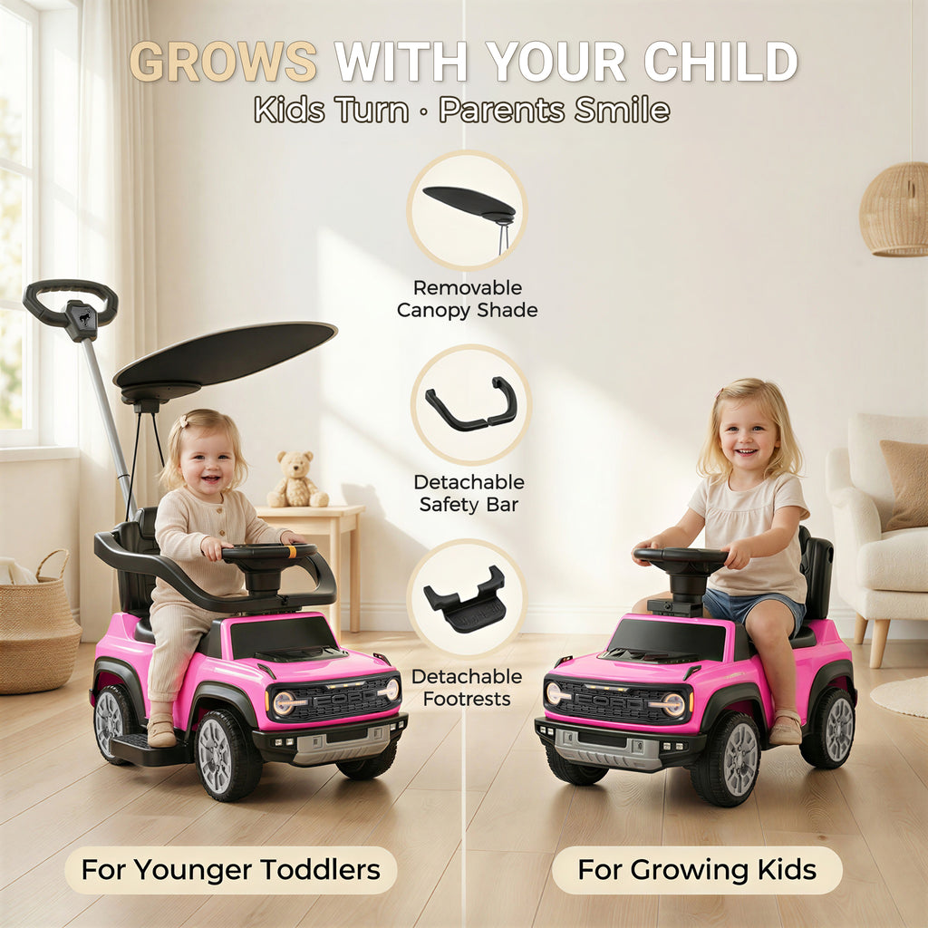 Ford Bronco 3 in 1 Push Car with Canopy for Toddlers 1–3, Ride On Push Car Toy with Adjustable Parent Steering Handle, Removable Guardrail & Footrest, Music, Horn, Under Seat Storage, Silent Wheels
