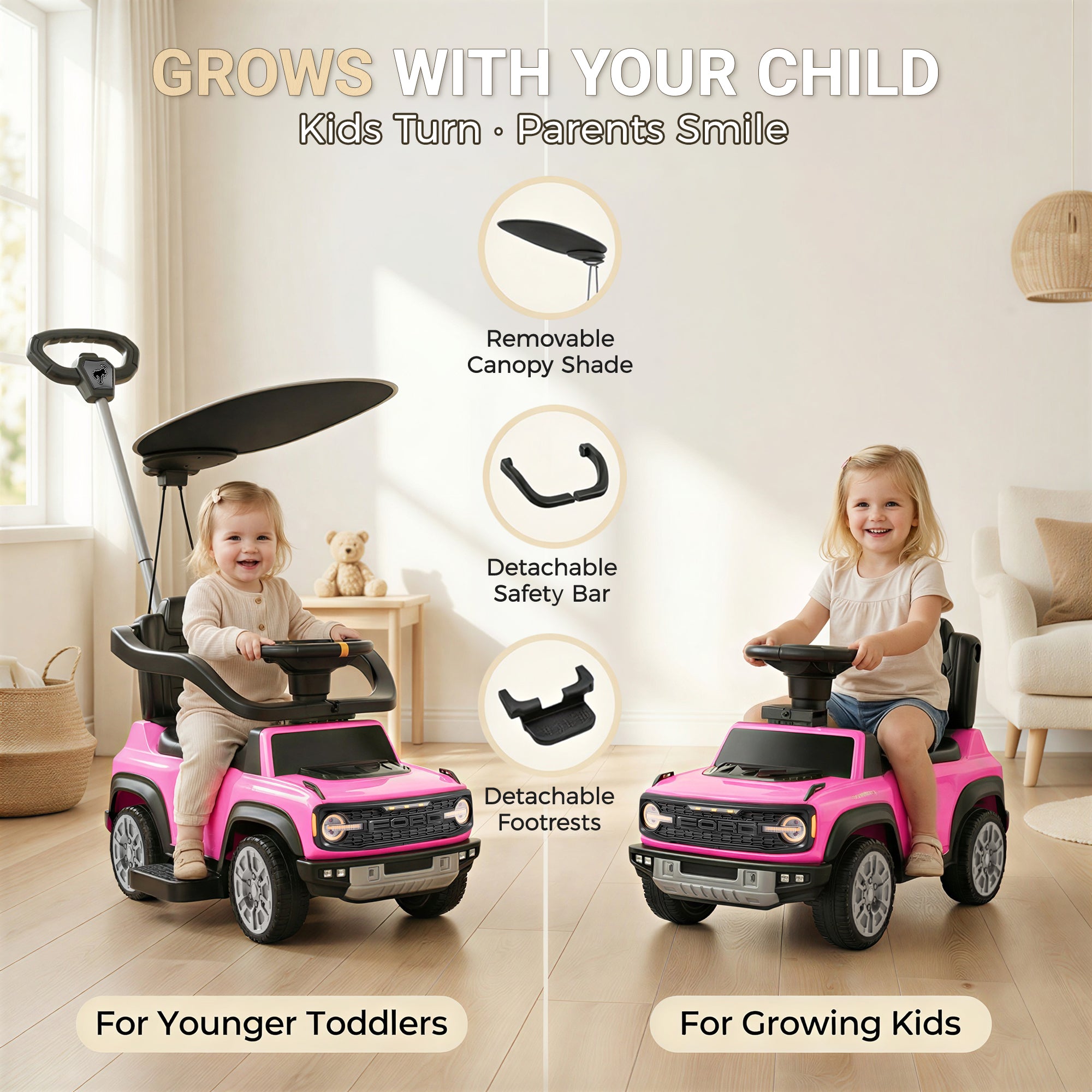 Ford Bronco 3 in 1 Push Car with Canopy for Toddlers 1–3, Ride On Push Car Toy with Adjustable Parent Steering Handle, Removable Guardrail & Footrest, Music, Horn, Under Seat Storage, Silent Wheels