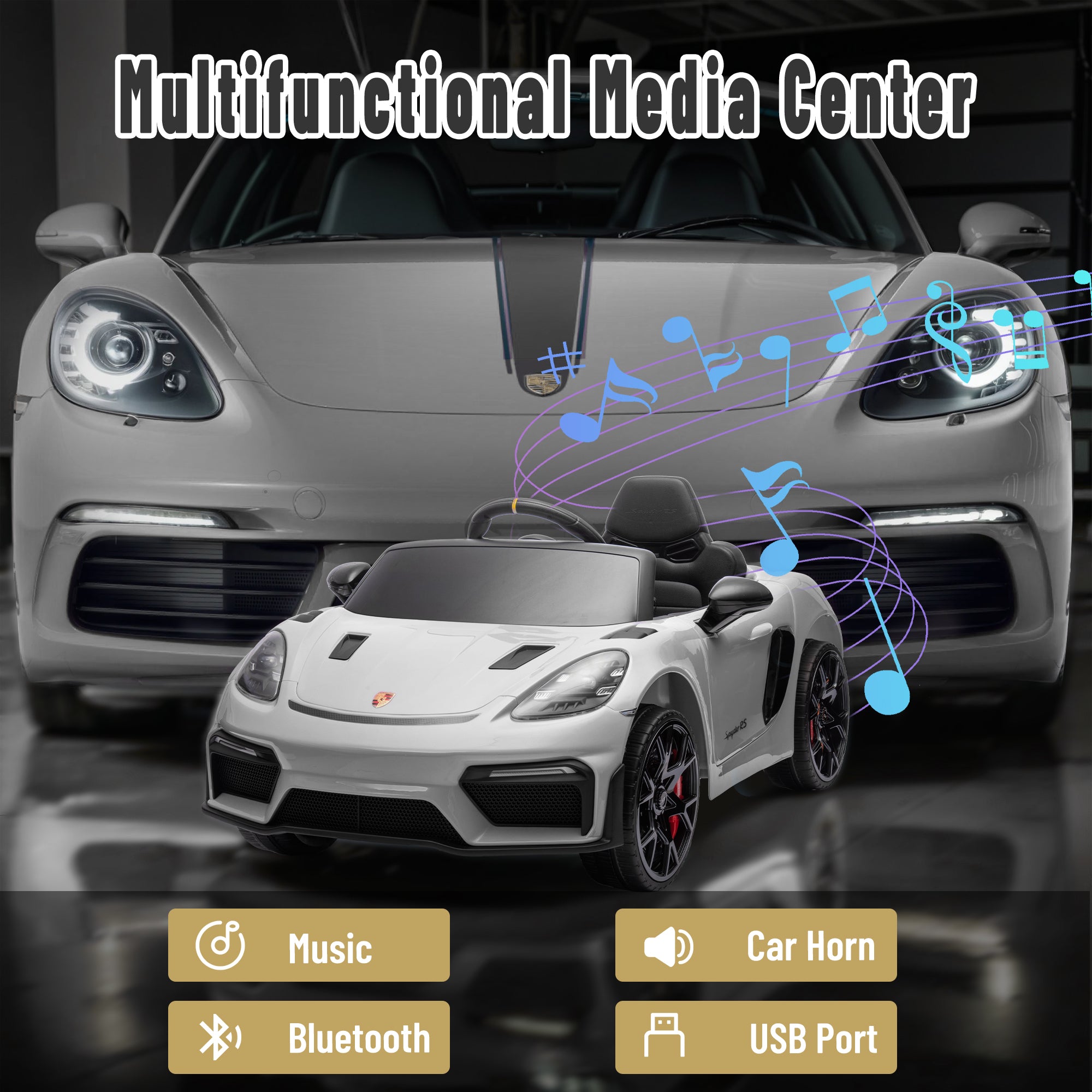Porsche 718 Kids Ride On Toy, Electric Car for Toddlers with Remote Control, 4 Wheel Suspension, Bluetooth, Music, LED, Safety Belts, Kids Sports Ride on Car for Toddler 3-6 Yrs Boys Girls Gifts