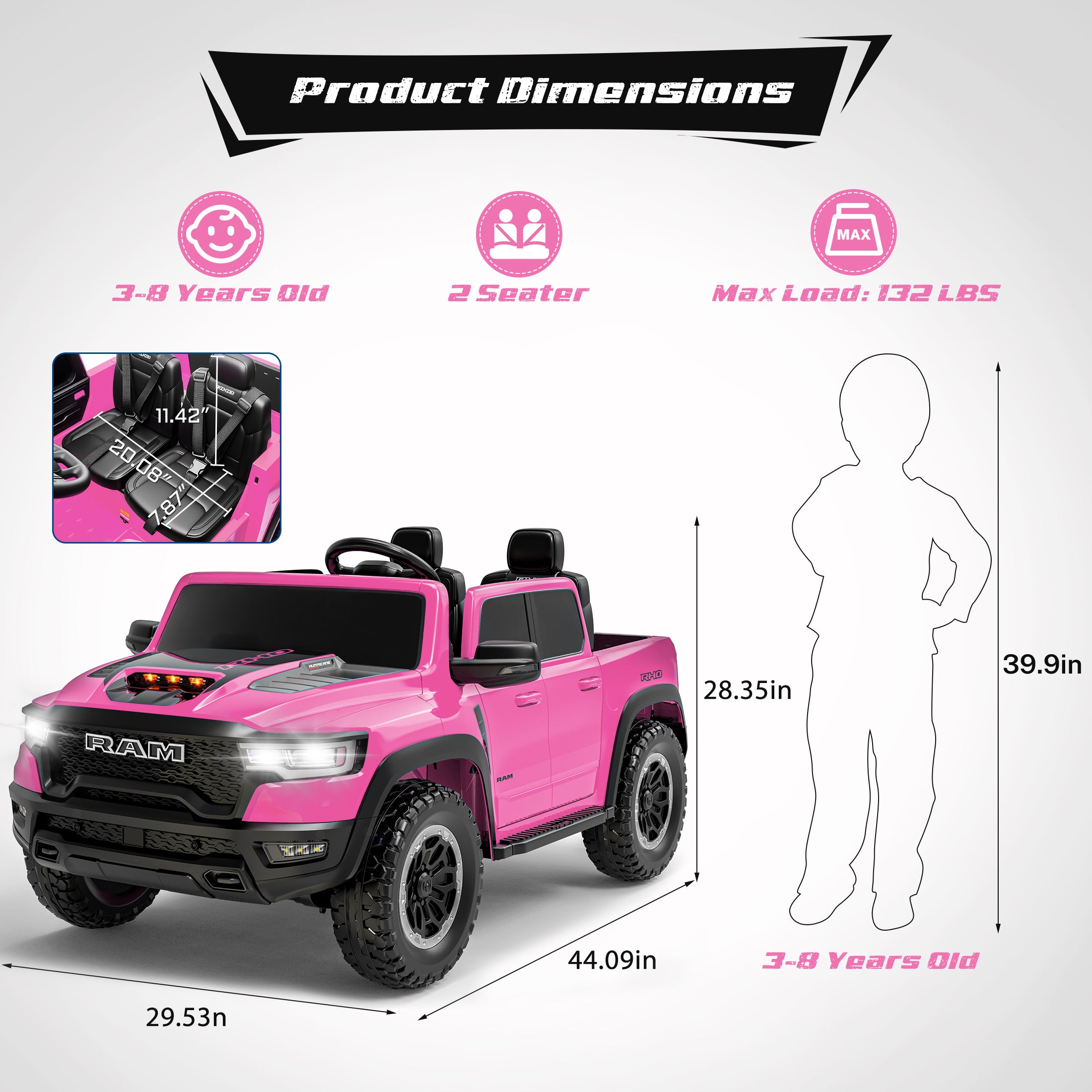COCLUB RAM 24V Ride on Cars for Tow Kids, RAM 1500 RHO 2 Seat Battery Powered Ride on Toys with Remote Control, 4 Wheels Suspension Trunk, LED Light, MP3 Player, Electric Car for Kids Boy Girl Gift（副本）