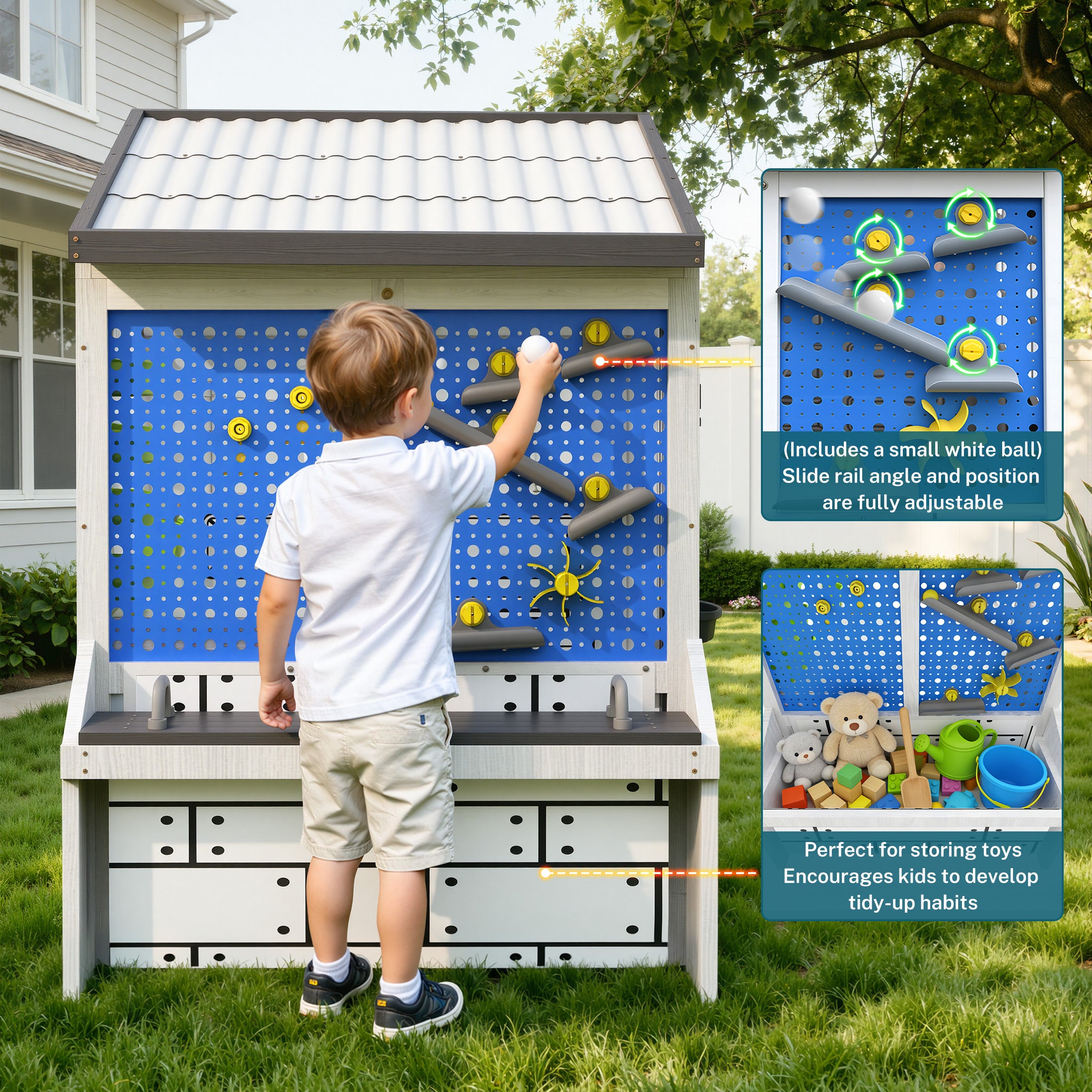 COCLUB Storage Shed Outdoor Wooden Playhouse with Workbench/ Pegboard& Ball Track, Kids Todder Ages 3+