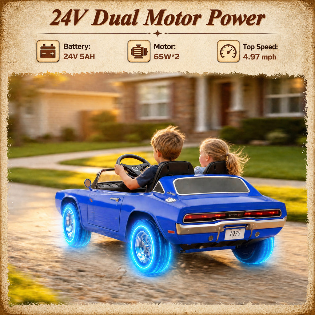 24V Ride On Car for Kids, Licensed Dodge 1970 Charger R/T Electric Car w/Parent Remote Control, Engine Spray, LED Lights, Bluetooth, MP3, 4-Wheel Spring Suspension, Ride On Toys for Ages 3+