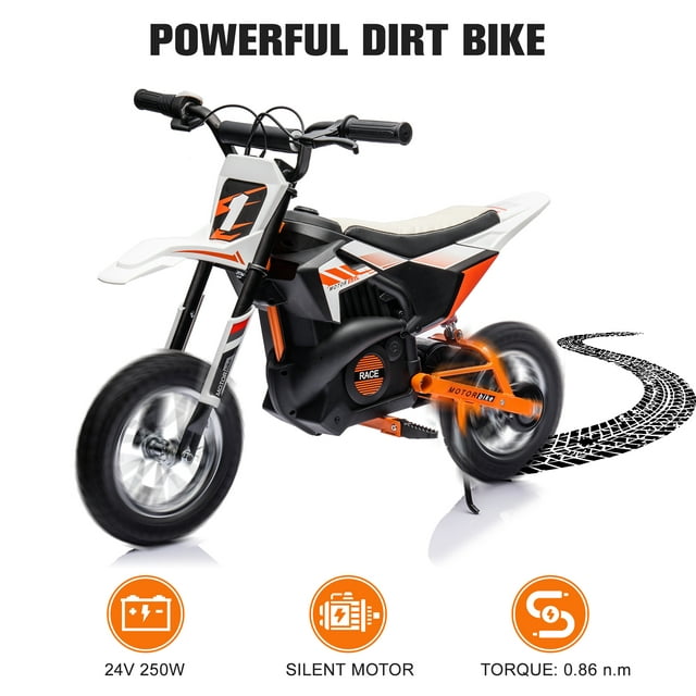 24V Electric Dirt Bike for Age 13+, 250W Battery Powered Ride On Motorcycle Toy with Twist Grip Throttle, Hand-operated Rear Brake, Chain-driven Motor, Rear Wheel Suspension, White