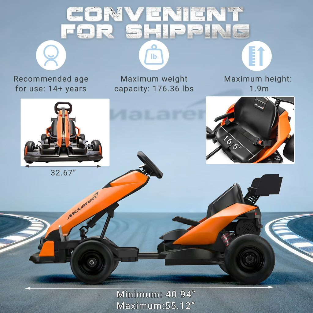 McLaren 48V Electric Go Kart for Adults & Teens, 750W Powered Motor Ride On Toy, LED Light, Hydraulic Disc Brake, 4 Wheel Spring Suspension, 3 Levels Adjustable Chassis, Foldable Design, Orange