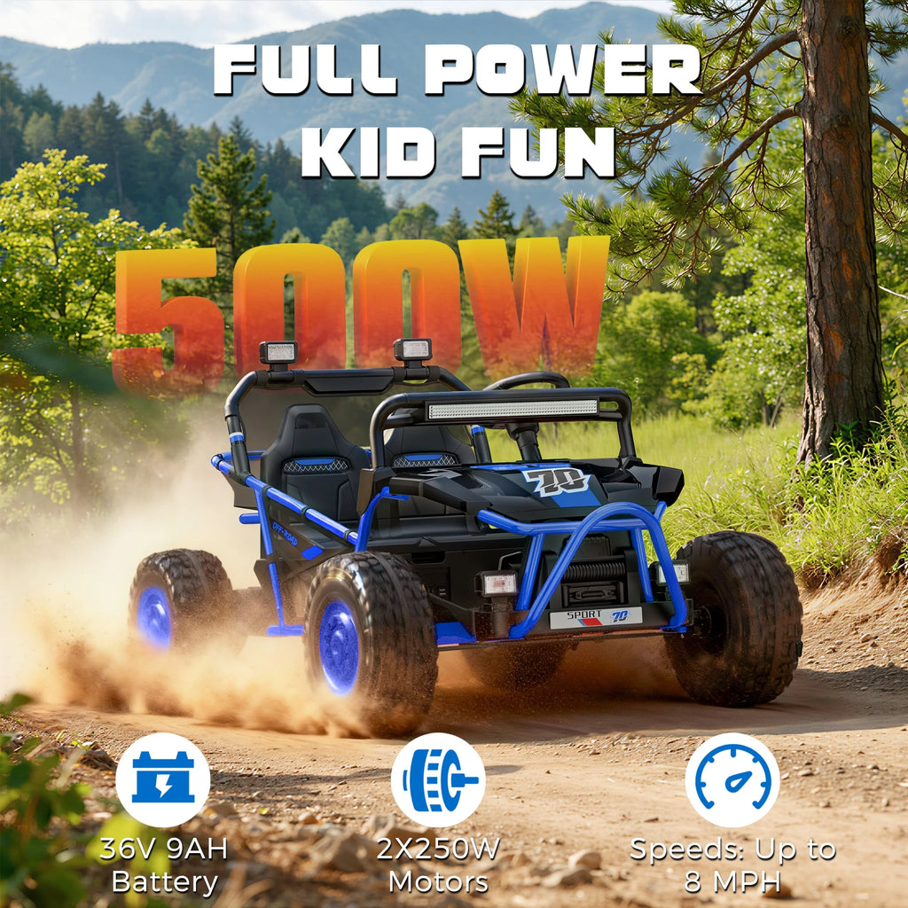 36V Electric Ride on Car Toy for Big Kids, 4 Wheels Spring Suspension Cars, 2 Seater Powered Electric  UTV Toys for Boys Girls 6+, Kids Ride on Toy with Bluetooth, Music, 3 Point Seatbelts, Blue