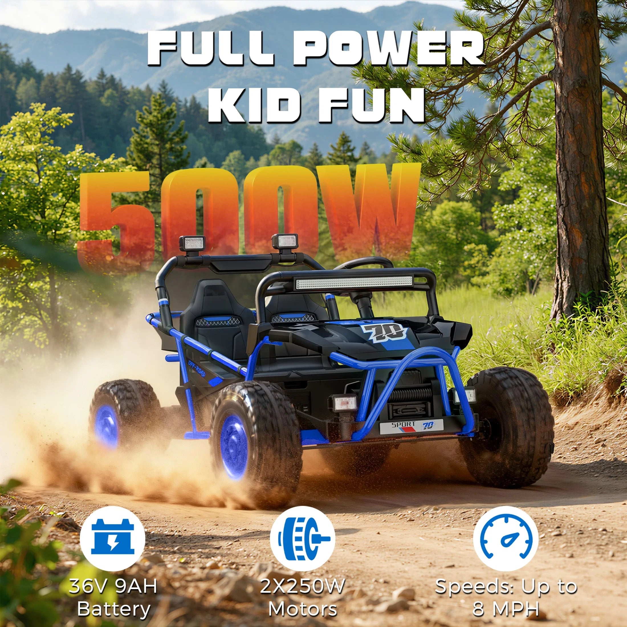 36V Electric Ride on Car Toy for Big Kids, 4 Wheels Spring Suspension Cars, 2 Seater Powered Electric  UTV Toys for Boys Girls 6+, Kids Ride on Toy with Bluetooth, Music, 3 Point Seatbelts, Blue