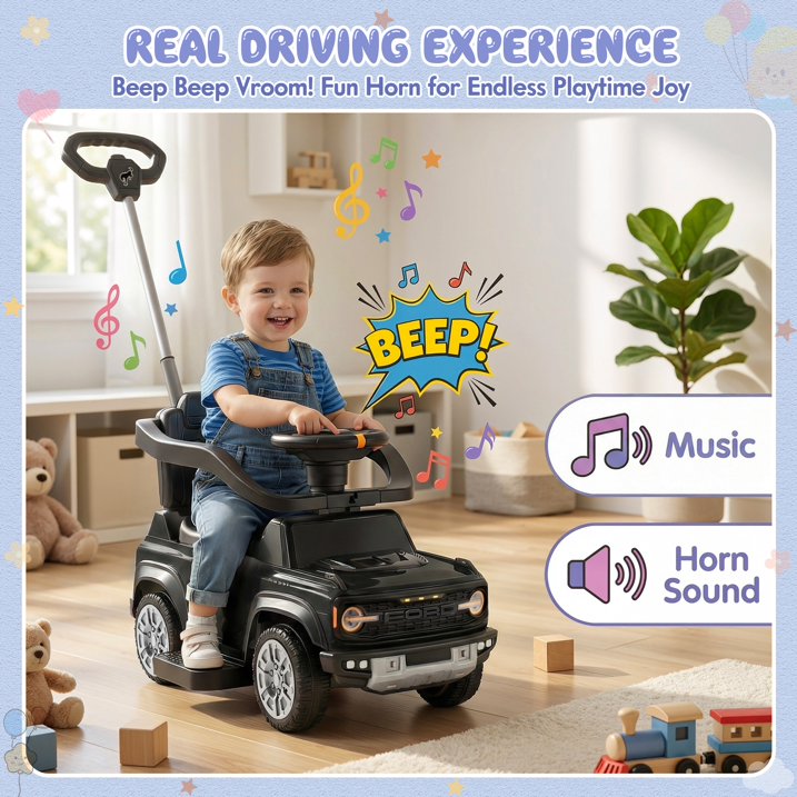 3 in 1 Push Car for Toddlers 1–3, Licensed Ford Bronco Ride On Car with Parent Steering Handle, Steering Wheel, Removable Guardrail & Footrest, Music, Horn, Under Seat Storage, Silent Wheels, Black