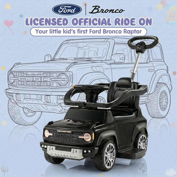3 in 1 Push Car for Toddlers 1–3, Licensed Ford Bronco Ride On Car with Parent Steering Handle, Steering Wheel, Removable Guardrail & Footrest, Music, Horn, Under Seat Storage, Silent Wheels, Black