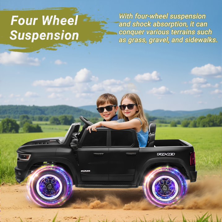 RAM 1500 24V Powered Ride on Cars for Kids, Extra large Real 2 Seat Ride on Toys with Remote Control, LED Light, MP3 Player, Electric Vehicles Ride on Truck for Boys Girls Gifts, Black