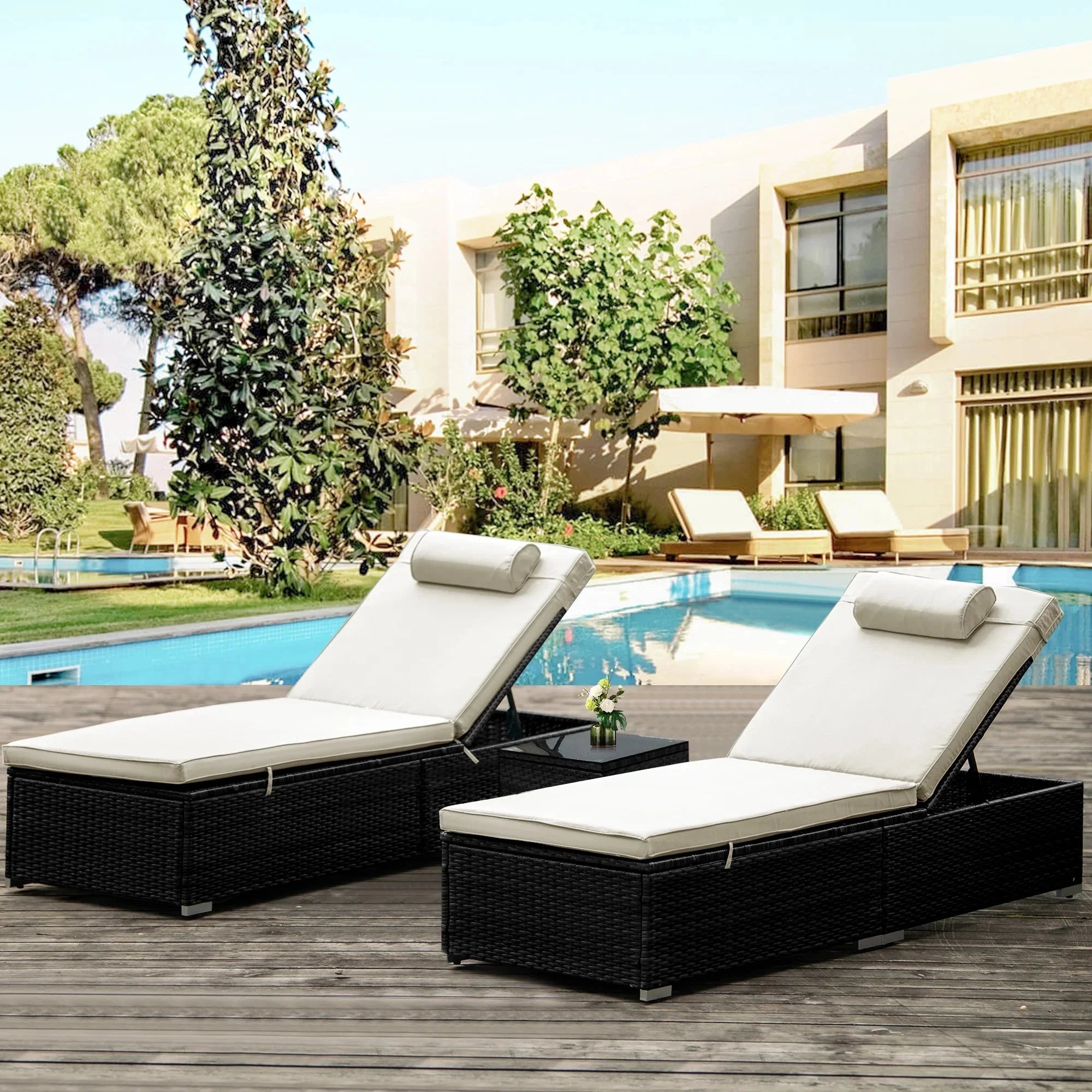 UHOMEPRO 3-Piece Outdoor Patio Furniture Set Chaise Lounge, Patio Reclining Rattan Lounge Chair Chaise Couch Cushioned with Glass Coffee Table, Adjustable Back and Feet, Lounger Chair for Pool Garden