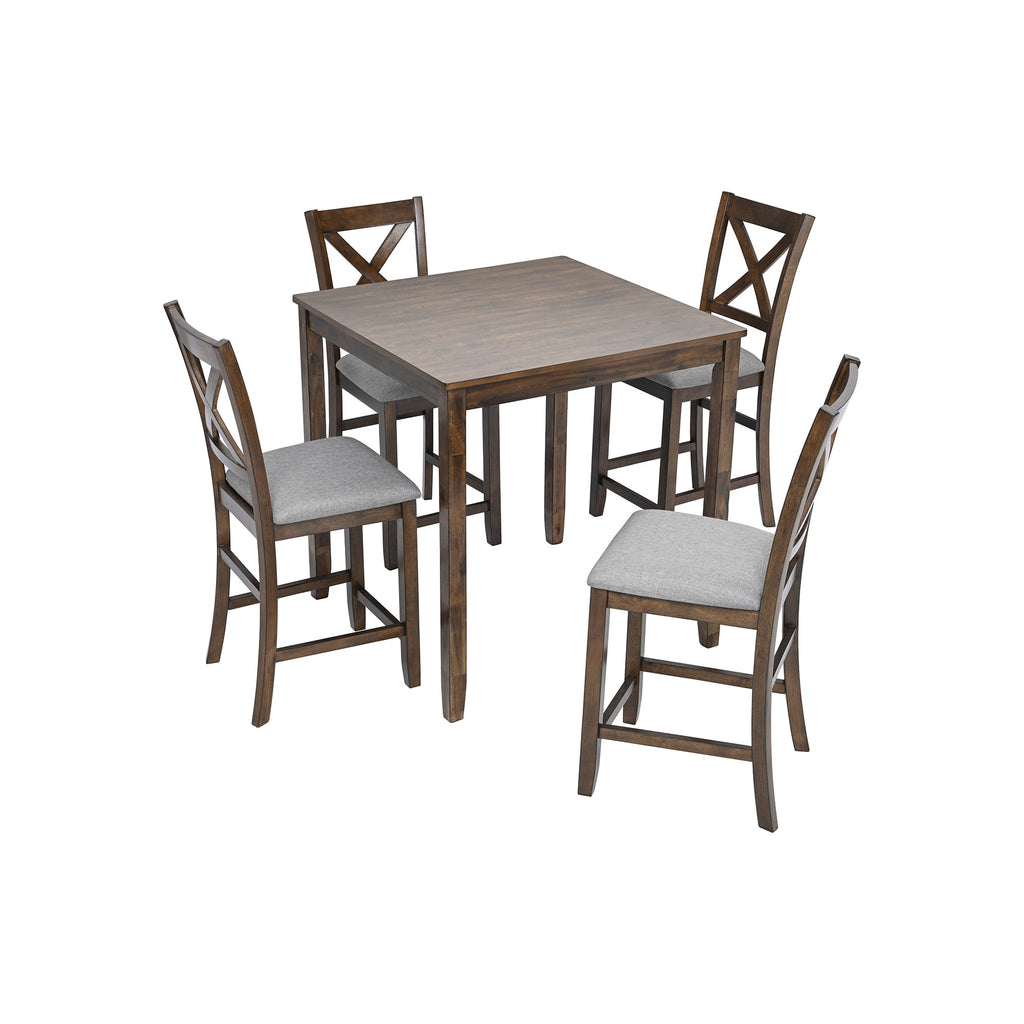 UHOMEPRO Dining Table Set for 4, Modern Counter Height Kitchen Table with 4 Upholstered Chairs, 5 Piece Solid Wood Dining Room Set, Farmhouse Kitchen Dining Table set of 4 for Home, Walnut Style A