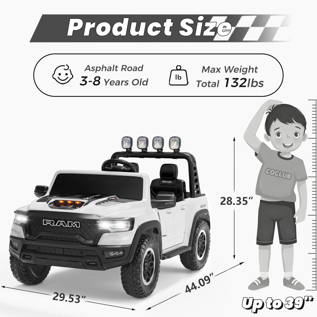 24V 2 Seats Ride On Car for Kids, Licensed RAM RHO 1500 Powered Electric Car with 4 Wheels Spring Suspesion, Ride On Toy for 3-8 Year Boys & Girls with Remote Control, Horm, Siren, LED Lights