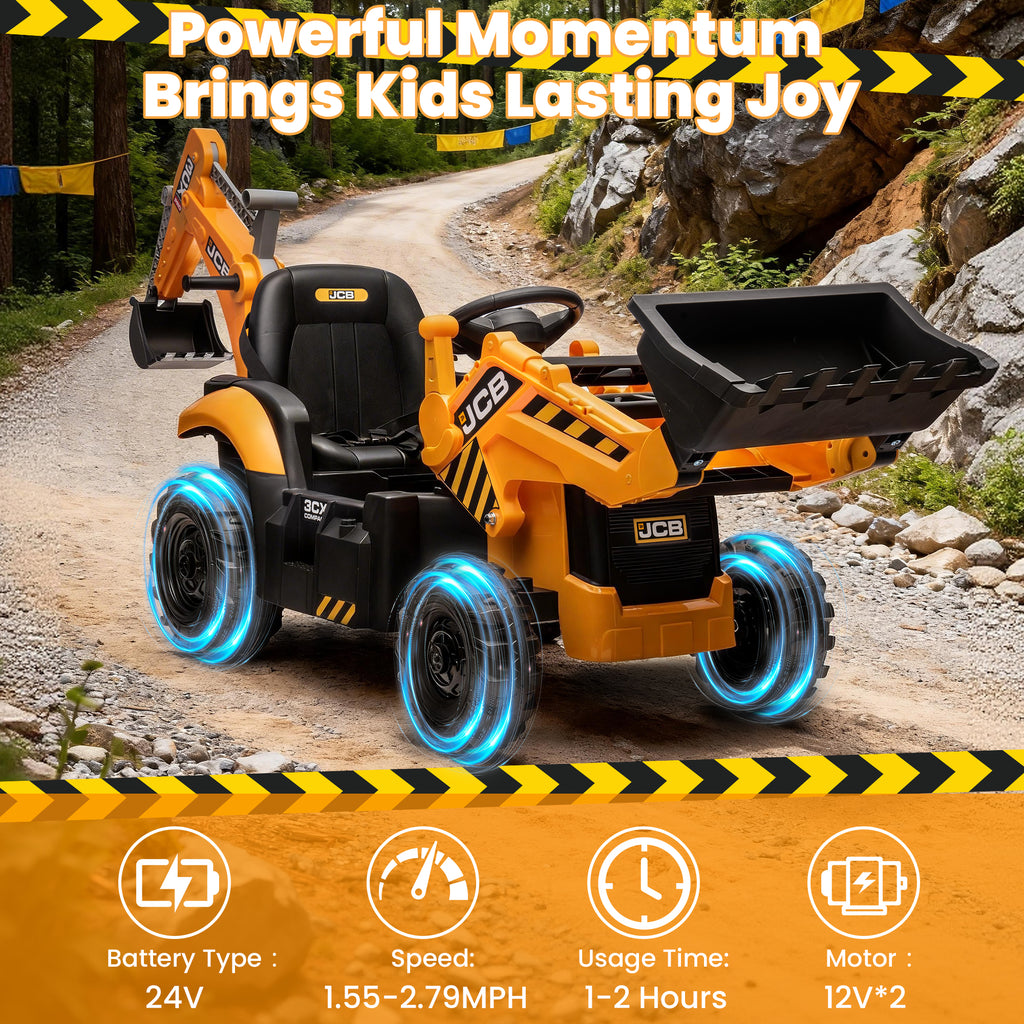 JCB 24V Ride On Excavator, 2 IN 1 Kids Electric Construction Ride on with Remote Control, Front Loader Bulldozer, Digger, Music, Ride on Toys for 3-6 Boys Girls, Yellow