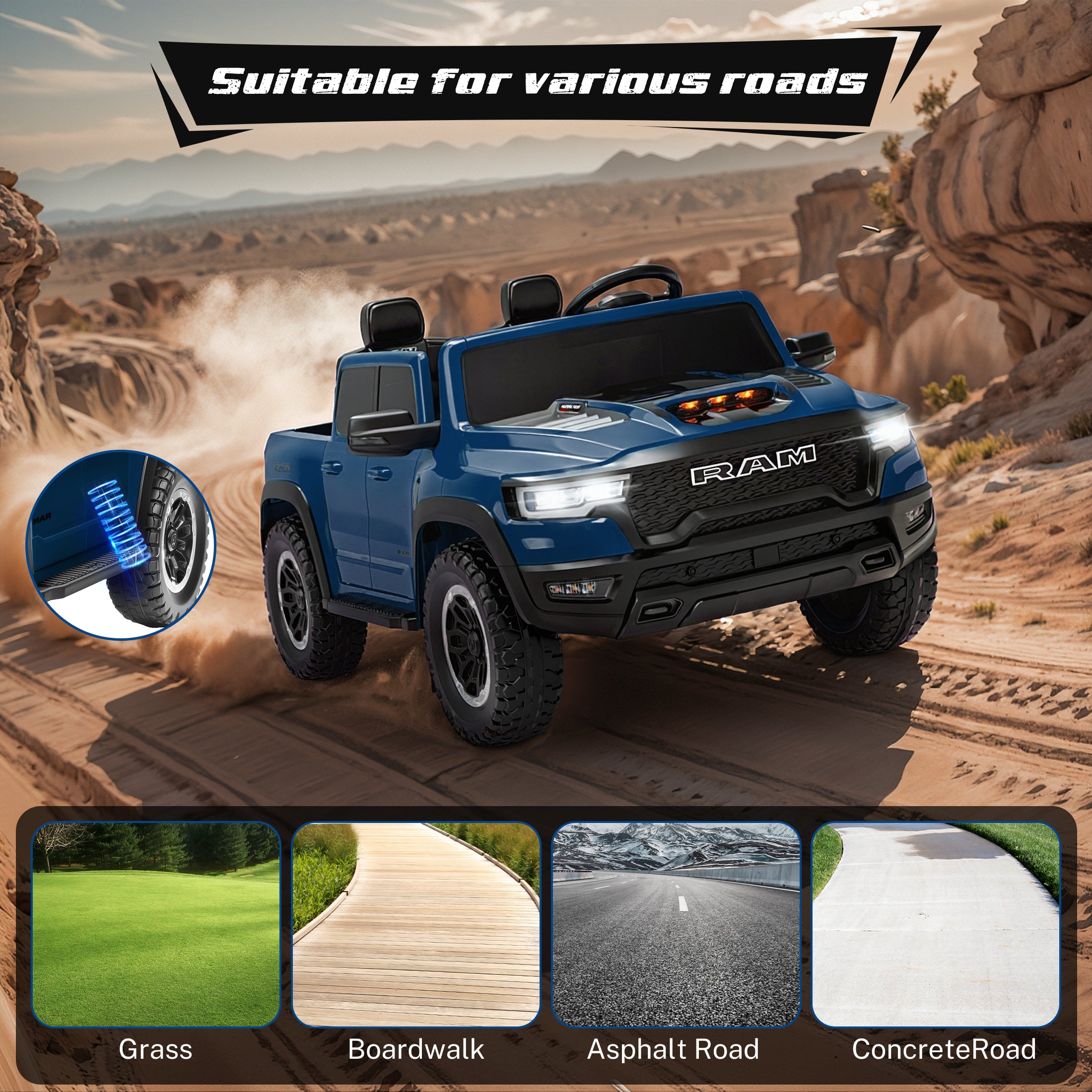 COCLUB RAM 24V Ride on Cars for Tow Kids, RAM 1500 RHO 2 Seat Battery Powered Ride on Toys with Remote Control, 4 Wheels Suspension Trunk, LED Light, MP3 Player, Electric Car for Kids Boy Girl Gift