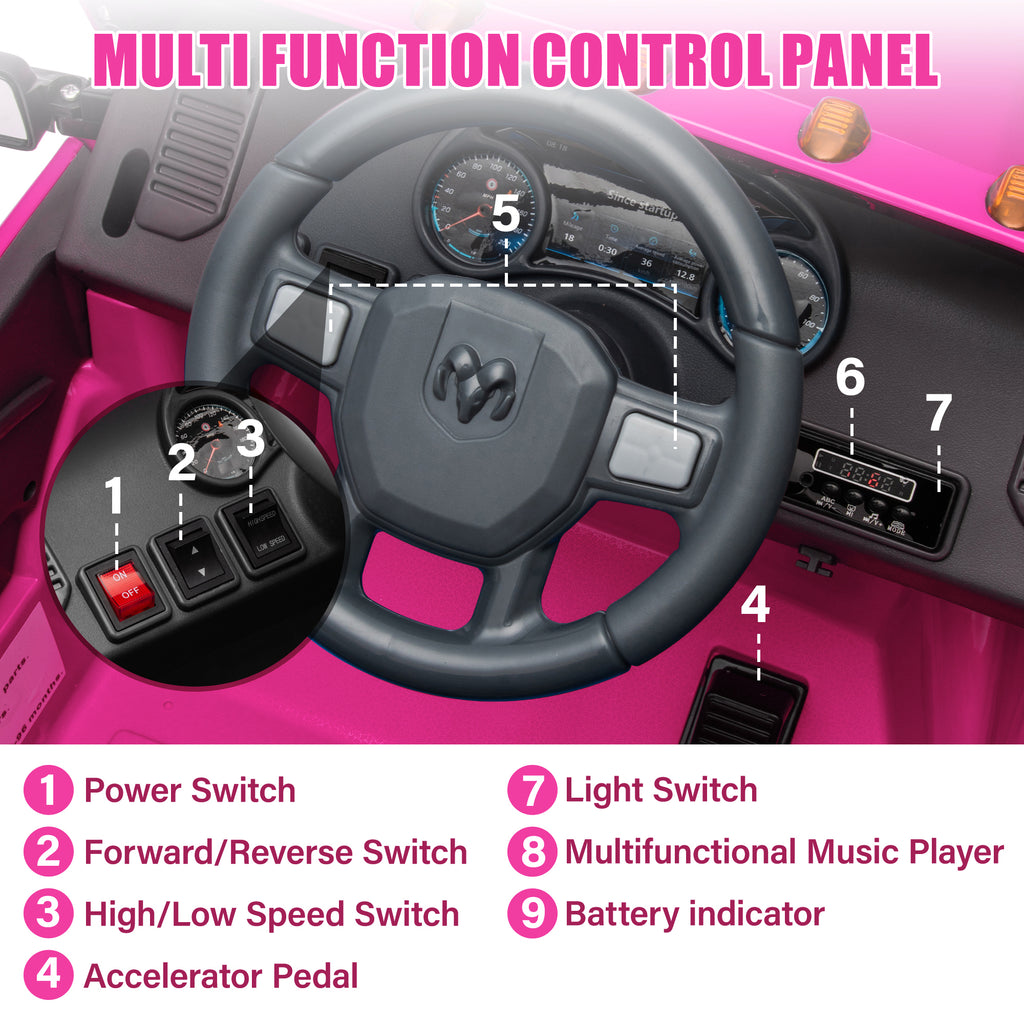 Dodge RAM Ride on Car, 12V Powered Ride on Toy with Remote Control, Rear Wheel Suspension, 5 Point Safety Belt, MP3 Player, Bluetooth, LED Lights, Electric Vehicles for 3-8 Years Boys Girls, Black