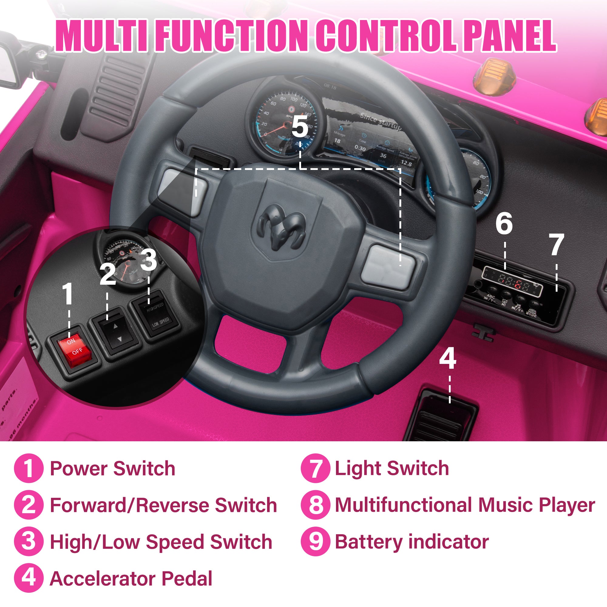Dodge RAM Ride on Car, 12V Powered Ride on Toy with Remote Control, Rear Wheel Suspension, 5 Point Safety Belt, MP3 Player, Bluetooth, LED Lights, Electric Vehicles for 3-8 Years Boys Girls, Black