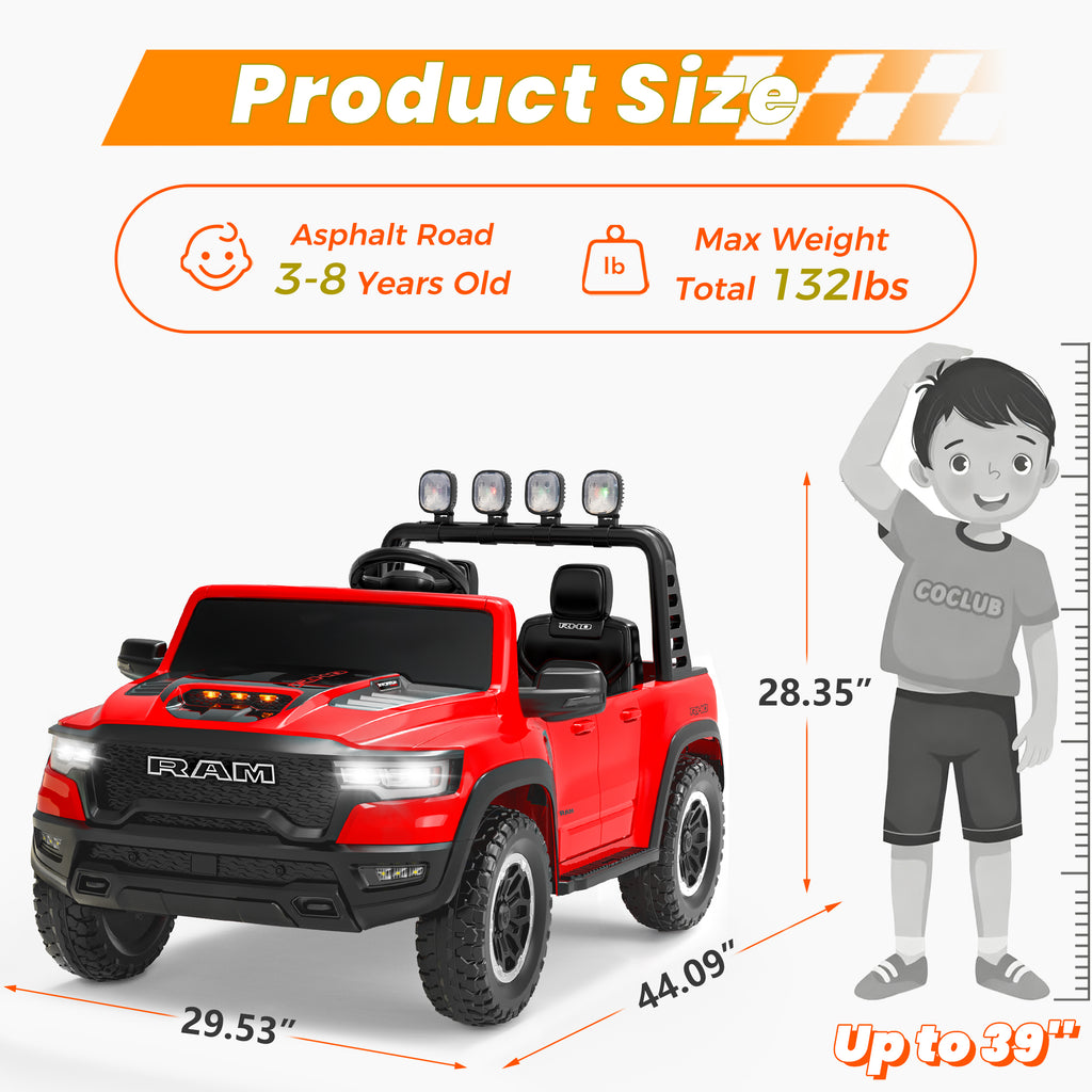 24V 2 Seats Ride On Car for Kids, Licensed RAM RHO 1500 Powered Electric Car with 4 Wheels Spring Suspesion, Ride On Toy for 3-8 Year Boys & Girls with Remote Control, Horm, Siren, LED Lights