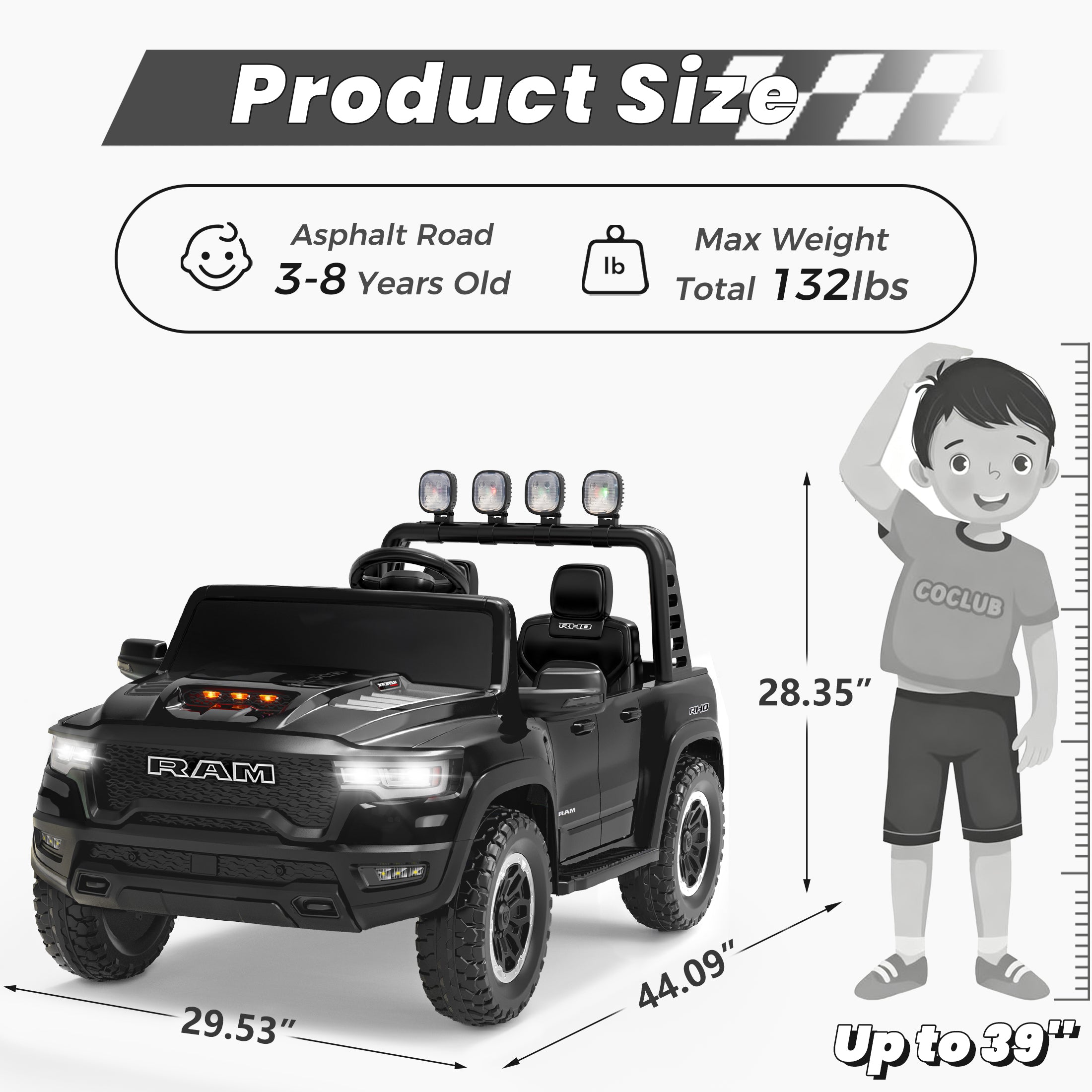 24V 2 Seats Ride On Car for Kids, Licensed RAM RHO 1500 Powered Electric Car with 4 Wheels Spring Suspesion, Ride On Toy for 3-8 Year Boys & Girls with Remote Control, Horm, Siren, LED Lights