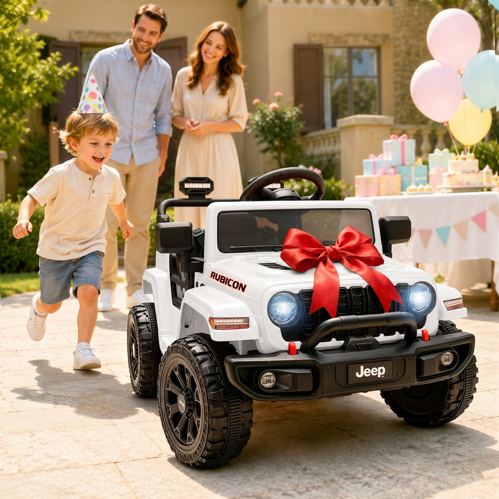 Jeep 12V Ride on Car with Remote Control/Bluetooth, Jeep Wrangler Rubicon Battery Powered Ride on Truck Toy w/Dual Wheel Suspension, Electric Car for Kids Toddler