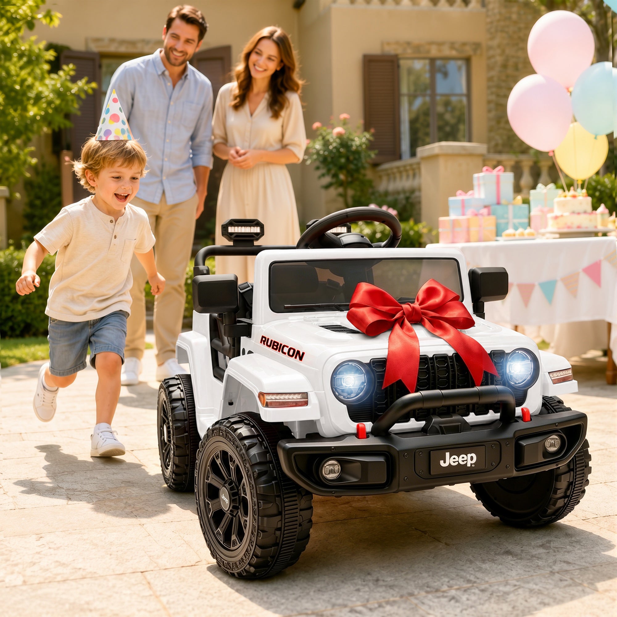 Jeep 12V Ride on Car with Remote Control/Bluetooth, Jeep Wrangler Rubicon Battery Powered Ride on Truck Toy w/Dual Wheel Suspension, Electric Car for Kids Toddler