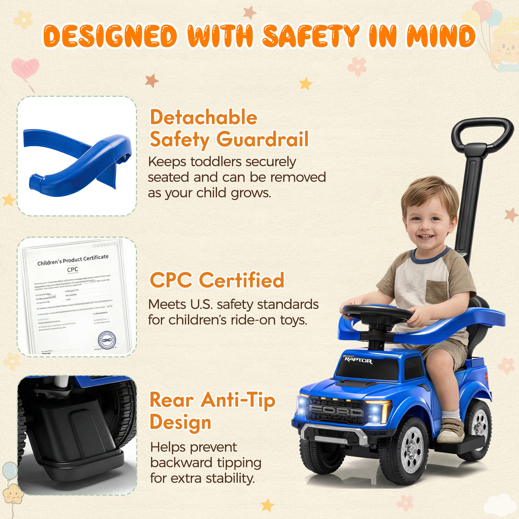3 In 1 Push Car for Toddlers, Licensed Ford F-150 Ride On Push Car with Removable Parents Handle, Guardrails, Horn, LED Light, Kids Ride On Toy for Ages 18-36 Months, Black