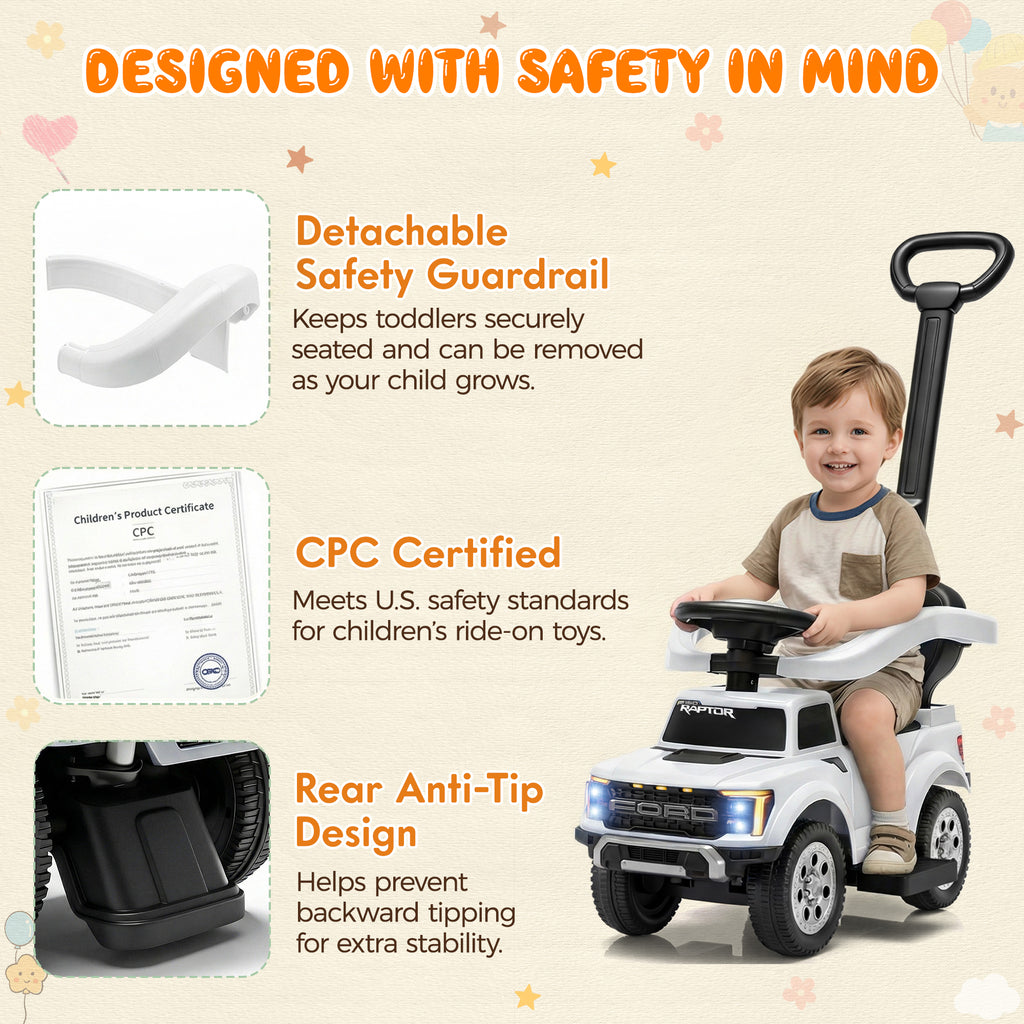3 In 1 Push Car for Toddlers, Licensed Ford F-150 Ride On Push Car with Removable Parents Handle, Guardrails, Horn, LED Light, Kids Ride On Toy for Ages 18-36 Months, Black