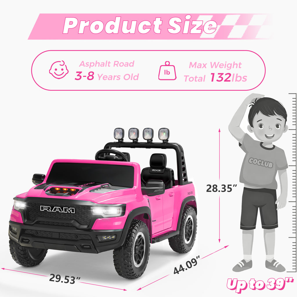 24V 2 Seats Ride On Car for Kids, Licensed RAM RHO 1500 Powered Electric Car with 4 Wheels Spring Suspesion, Ride On Toy for 3-8 Year Boys & Girls with Remote Control, Horm, Siren, LED Lights