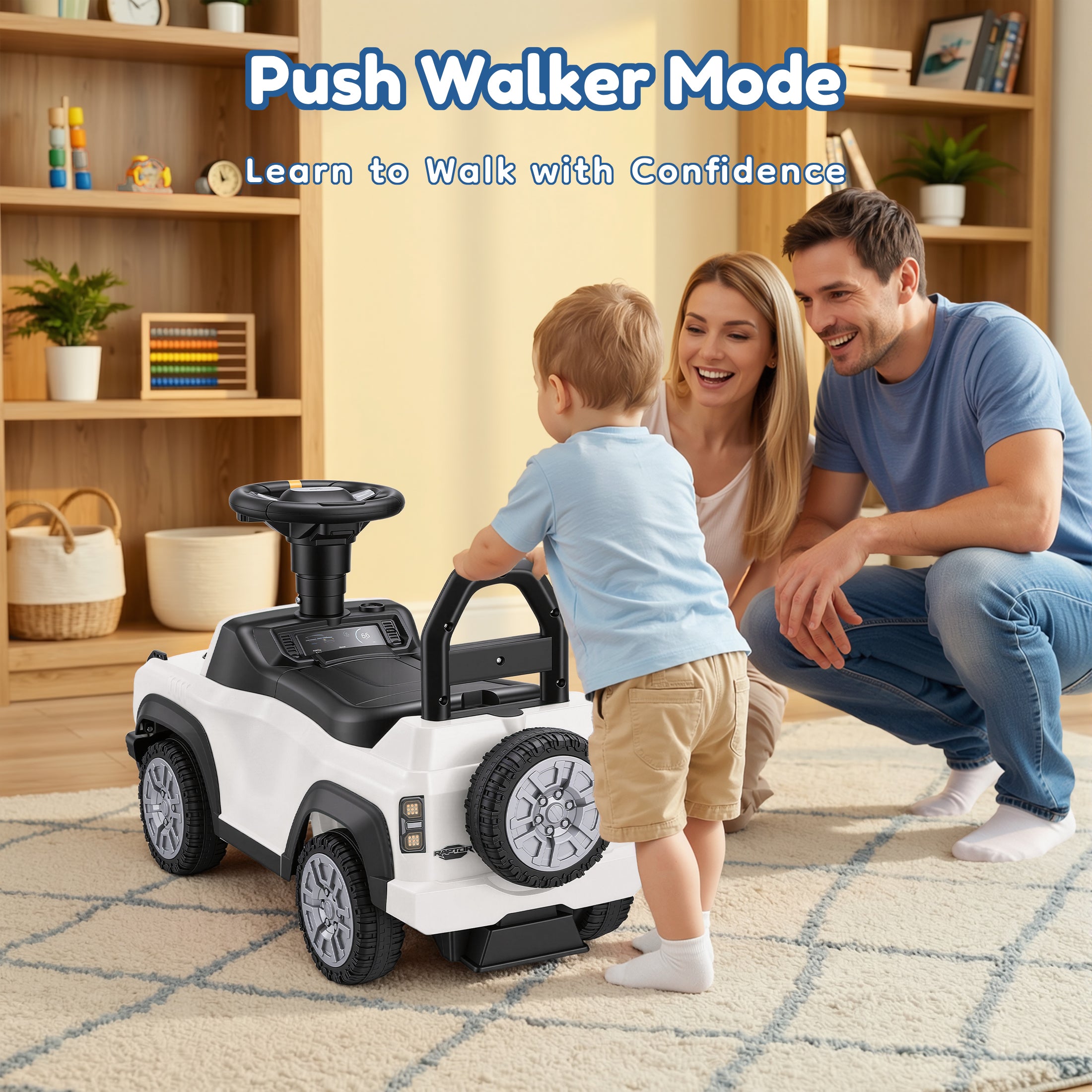Ride On Car for Toddlers 1–3, Ford Bronco Ride On Toy with Steering Wheel, Music, Horn & Engine Sounds, Under Seat Storage, Silent Wheels, Easy Walker & Push Car for Boys & Girls, White
