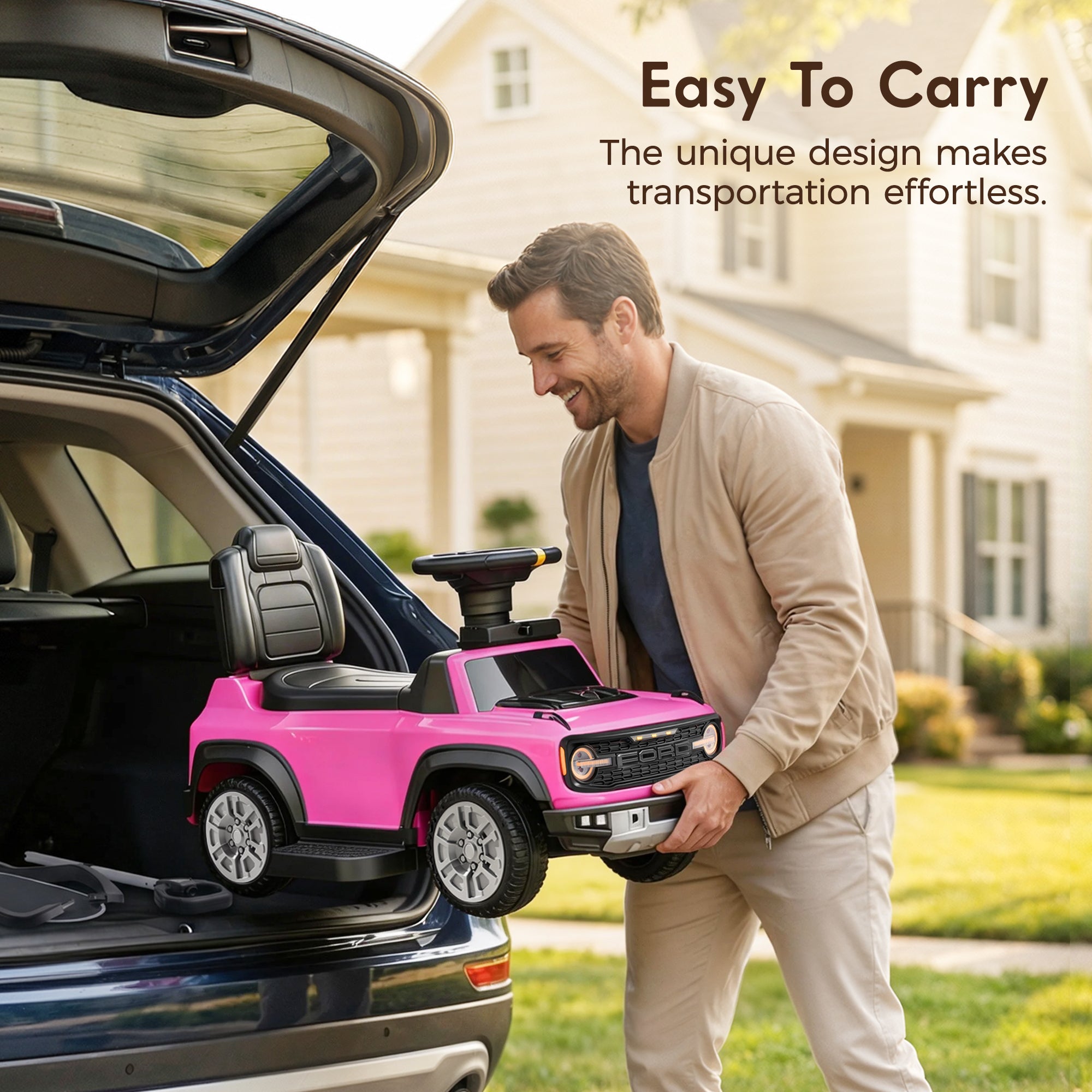 Ford Bronco 3 in 1 Push Car for Toddlers 1–3, Ride On Push Car with Parent Steering Handle, Steering Wheel, Removable Guardrail & Footrest, Music, Horn, Under Seat Storage, Silent Wheels, Pink
