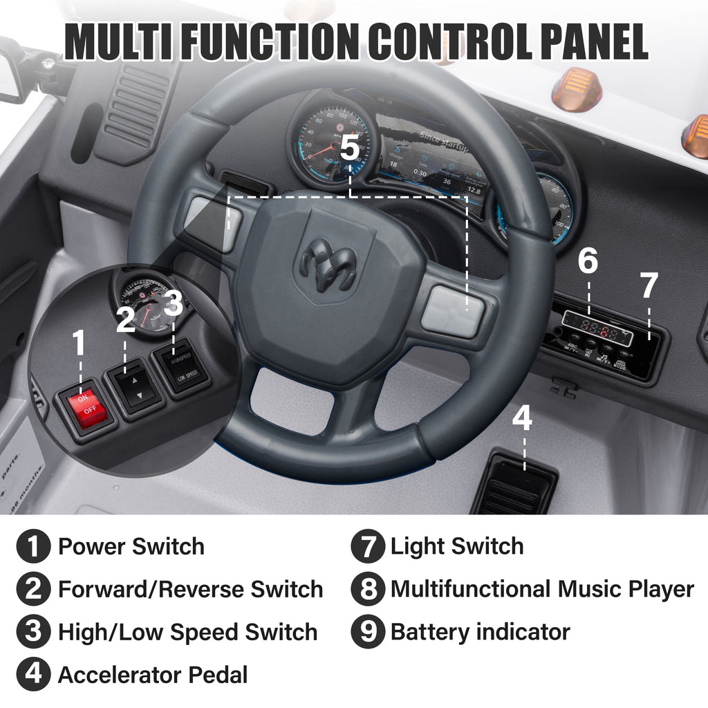 Dodge RAM Ride on Car, 12V Powered Ride on Toy with Remote Control, Rear Wheel Suspension, 5 Point Safety Belt, MP3 Player, Bluetooth, LED Lights, Electric Vehicles for 3-8 Years Boys Girls, Black