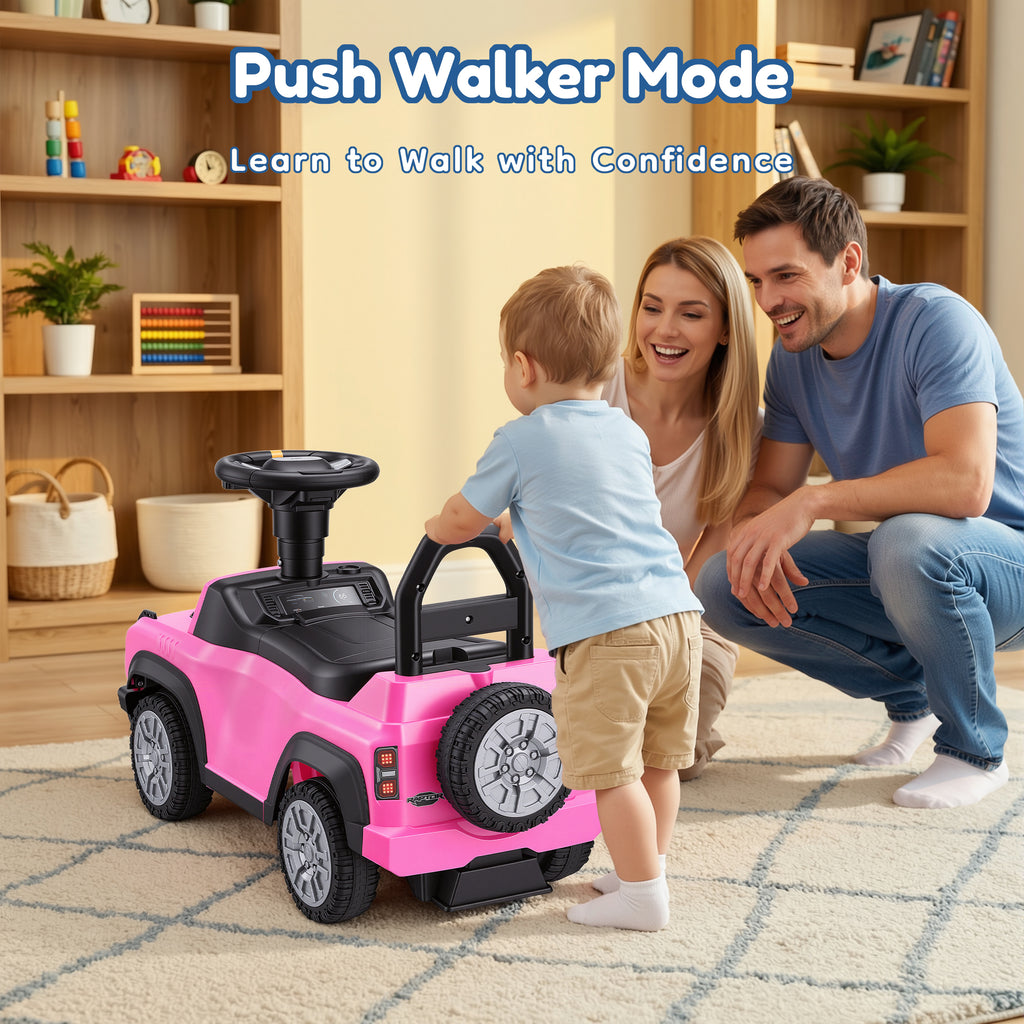 Ride On Car for Toddlers 1–3, Ford Bronco Ride On Toy with Steering Wheel, Music, Horn & Engine Sounds, Under Seat Storage, Silent Wheels, Easy Walker & Push Car for Boys & Girls, Pink